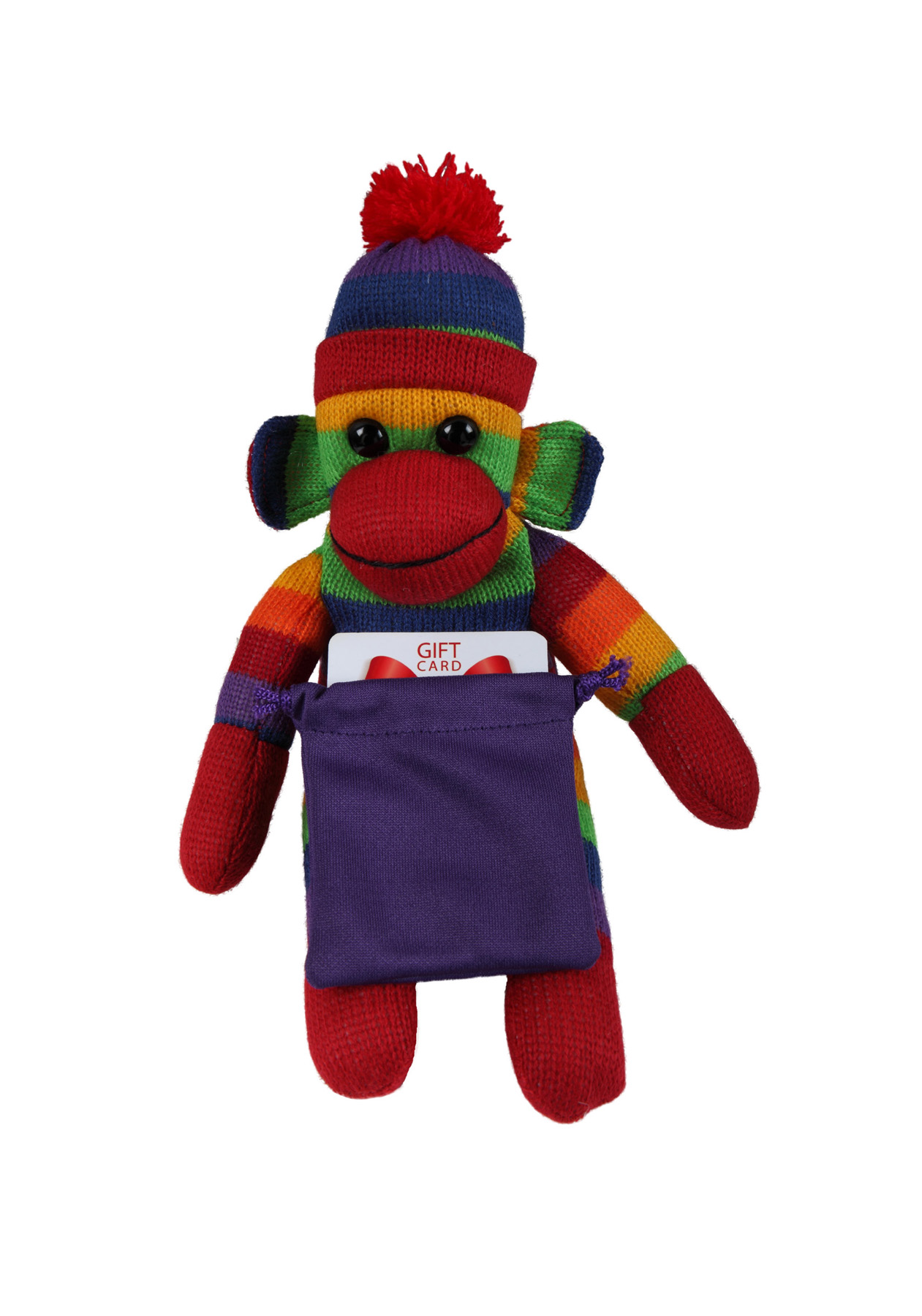 soft plush Rainbow Sock Monkey with gift card sack