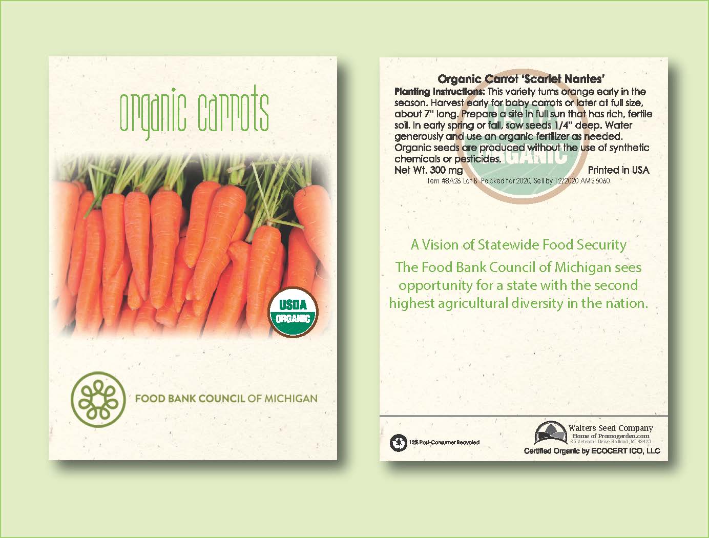 Organic Carrot 'Scarlet Nantes' Seed Packet -Standard Size 3.25" x 4.5" 2