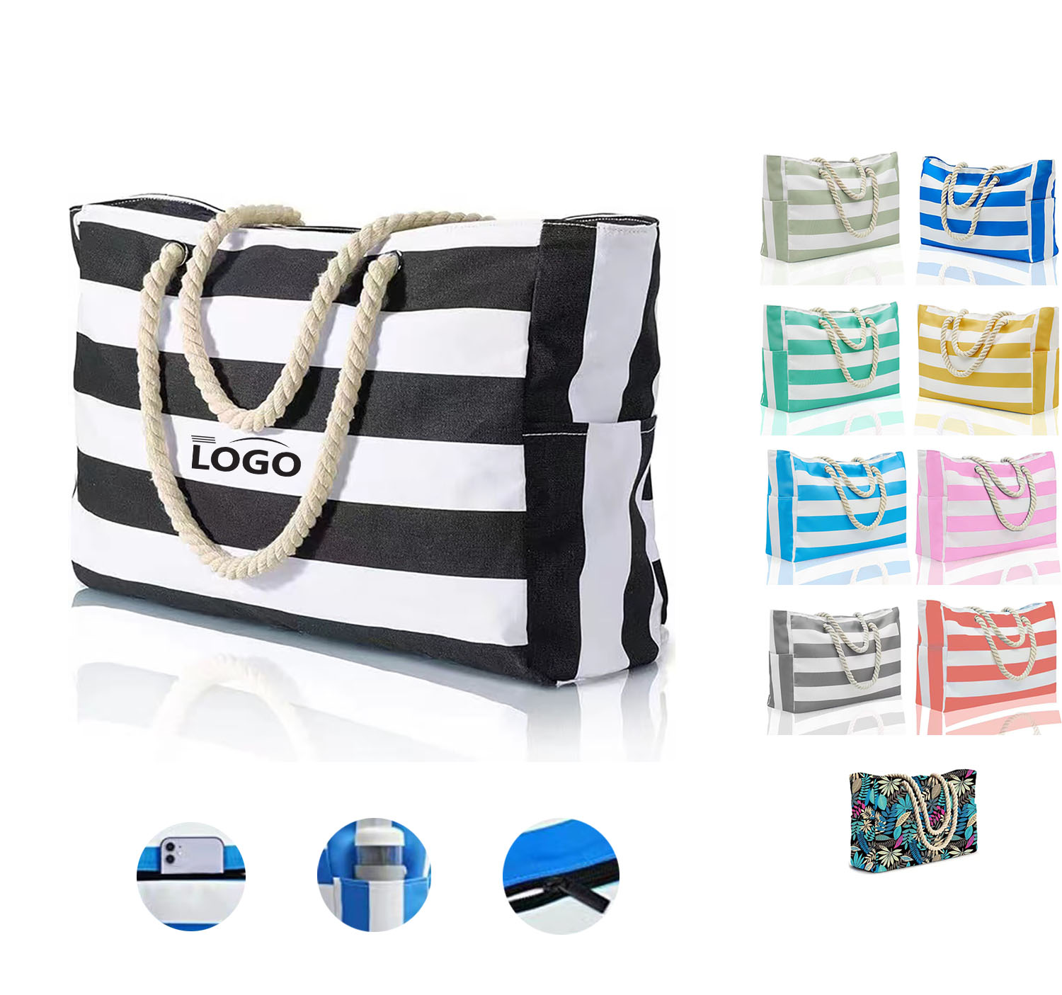 Striped Canvas Beach Tote Bag 1