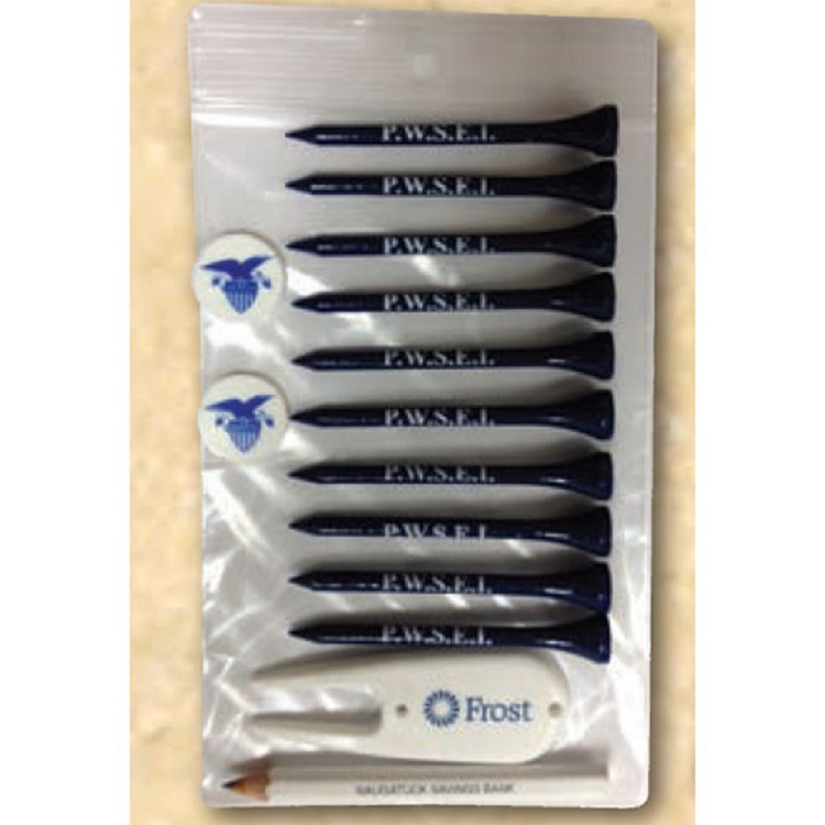 Resealable Golf Poly Bag w/ 10 Tees, 2 Markers, 1 Fixer & 1 Pencil 1