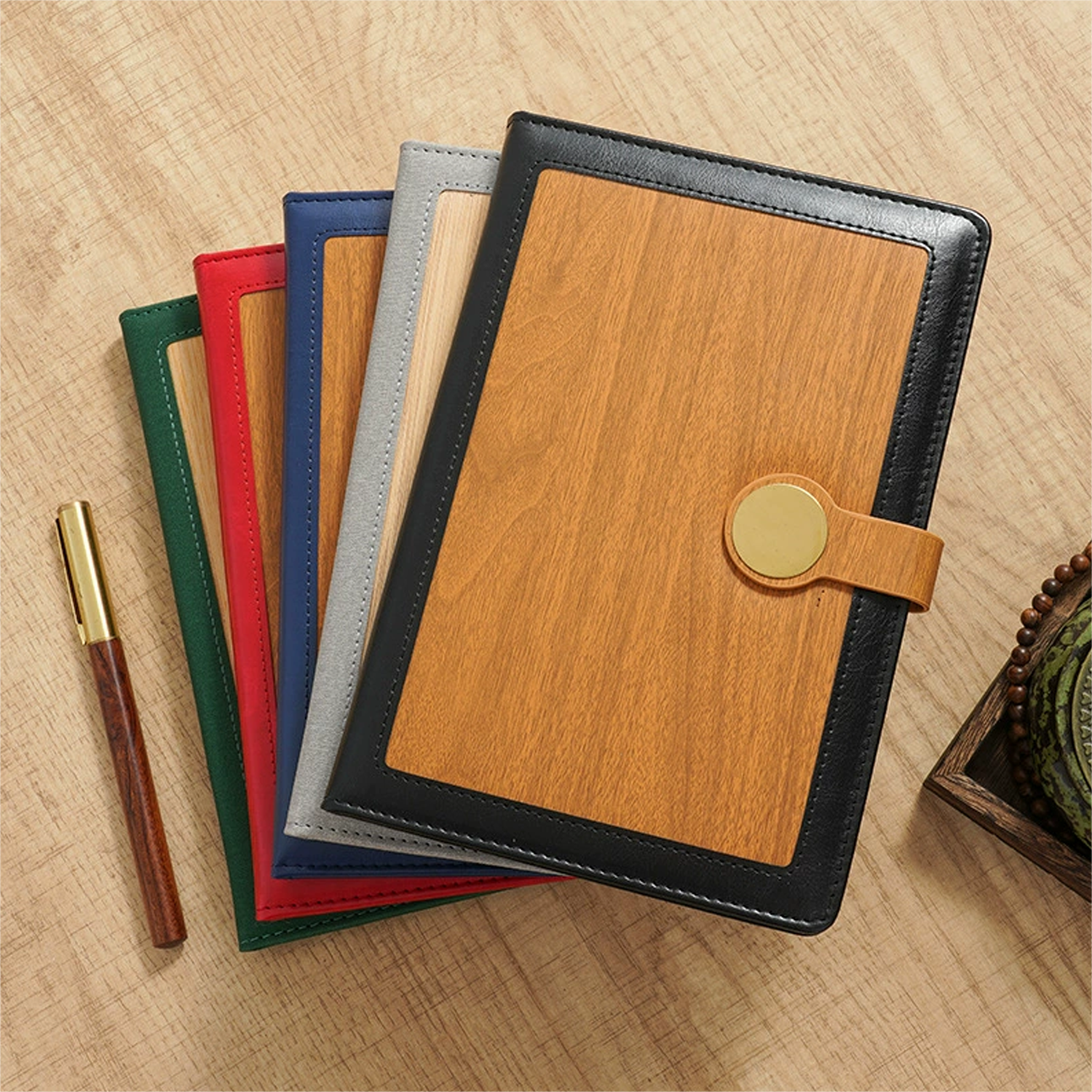 A5 PU Leather Metal Clasp Wood Grain Notebook 4