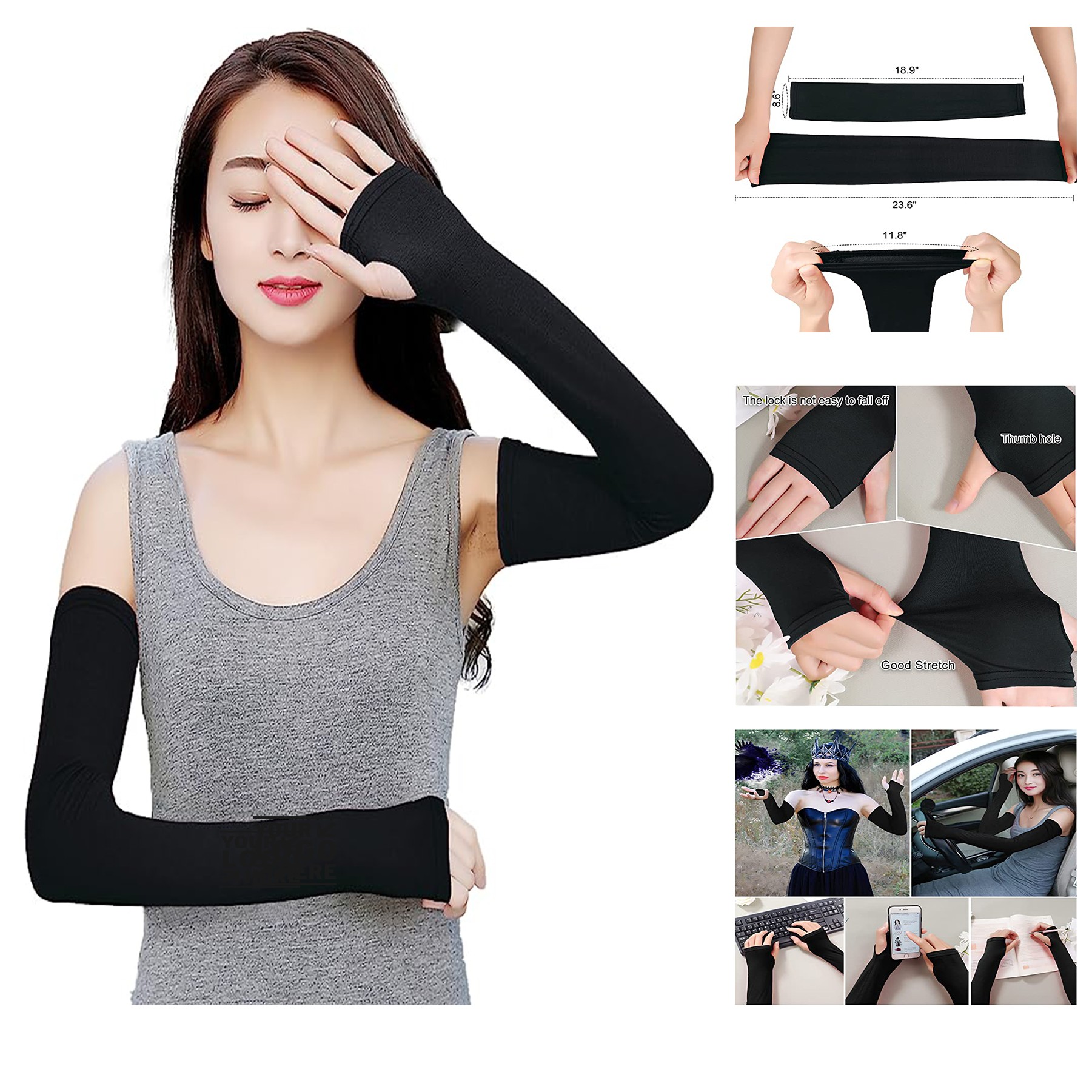 Women Outdoor Sun Block Soft Long Arm Sleeves Fingerless Gloves 2