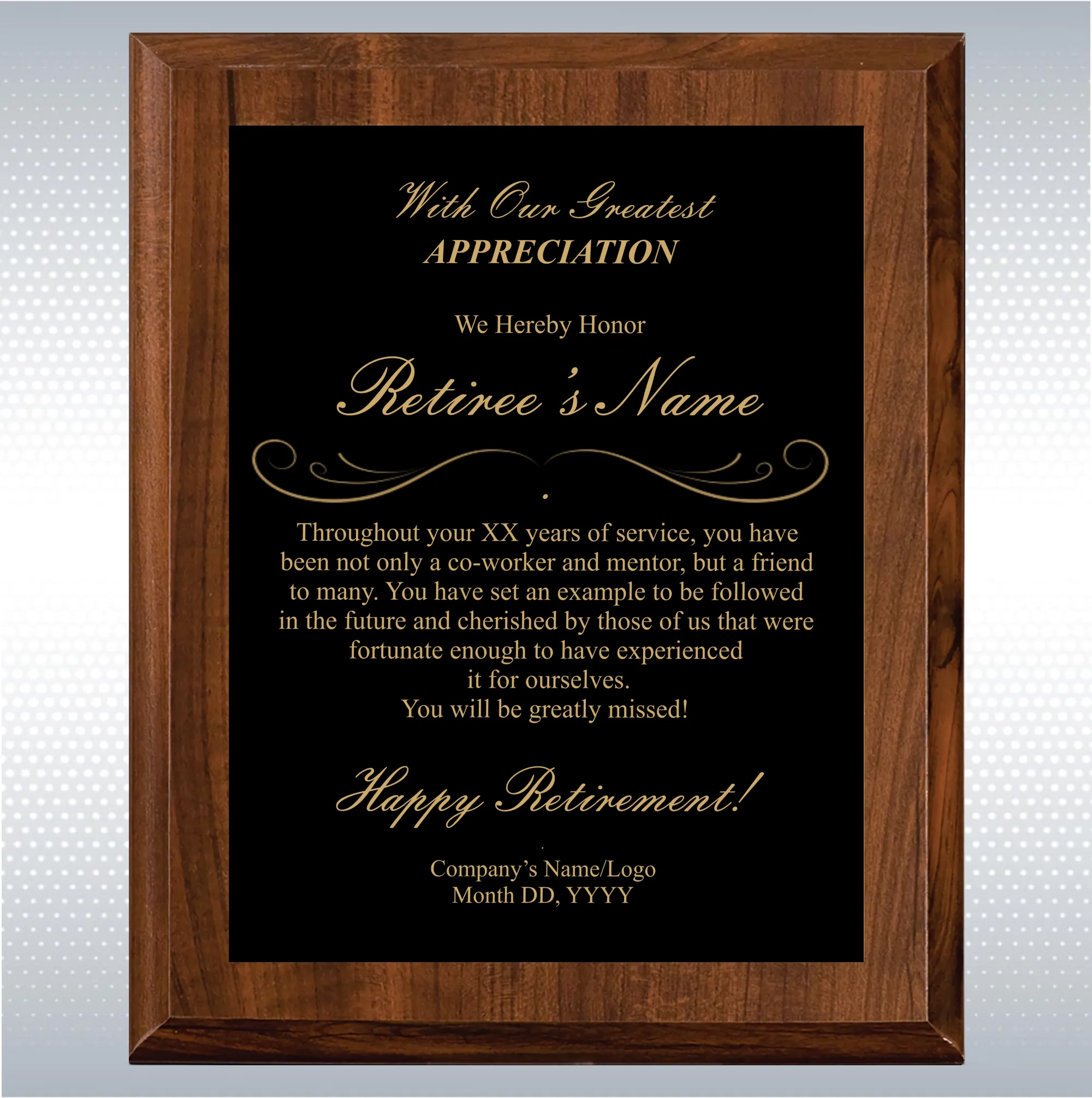Cherry Finish Plaque Retirement Gift Award 12