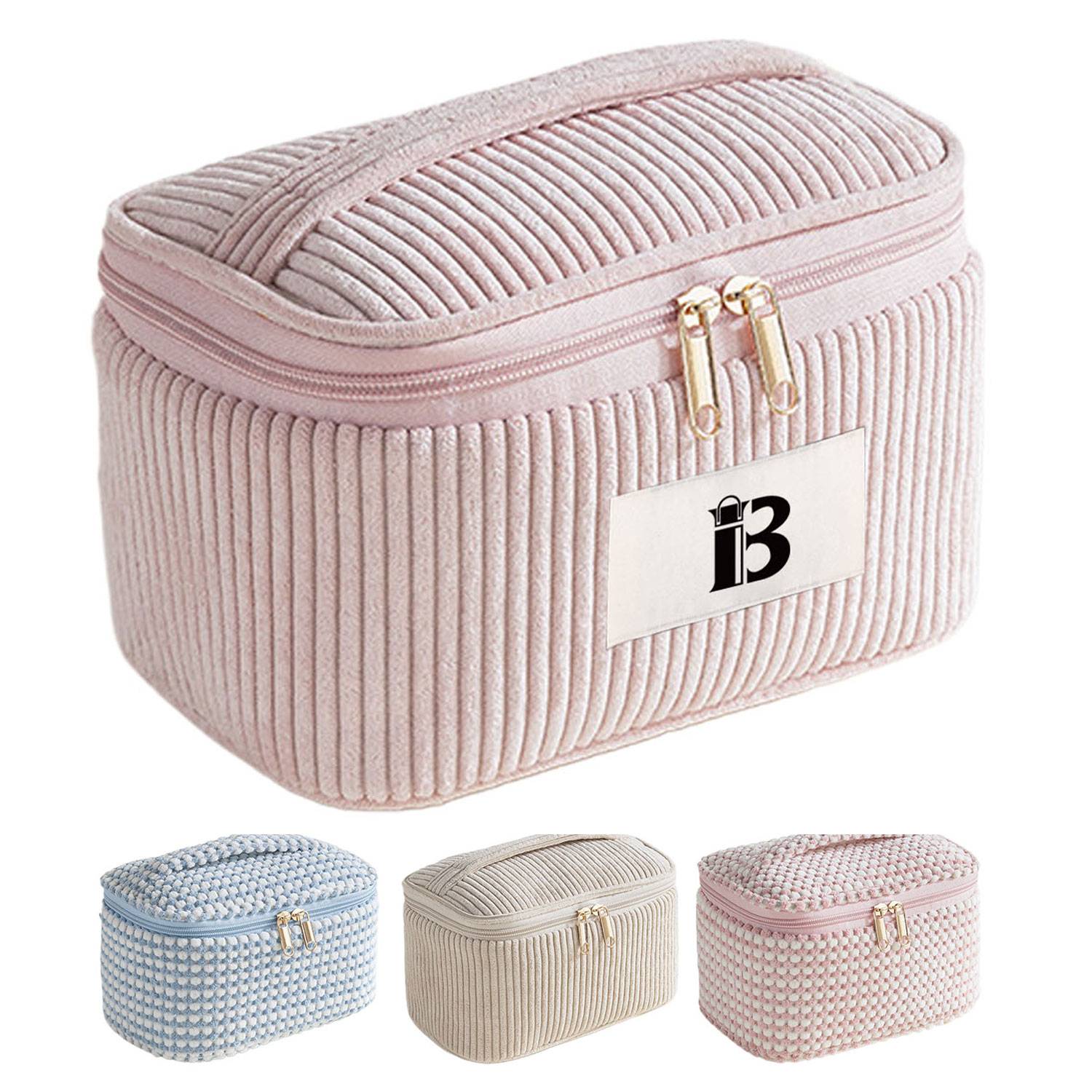Large Capacity Corduroy Makeup Bag w/ Mesh Pocket 2