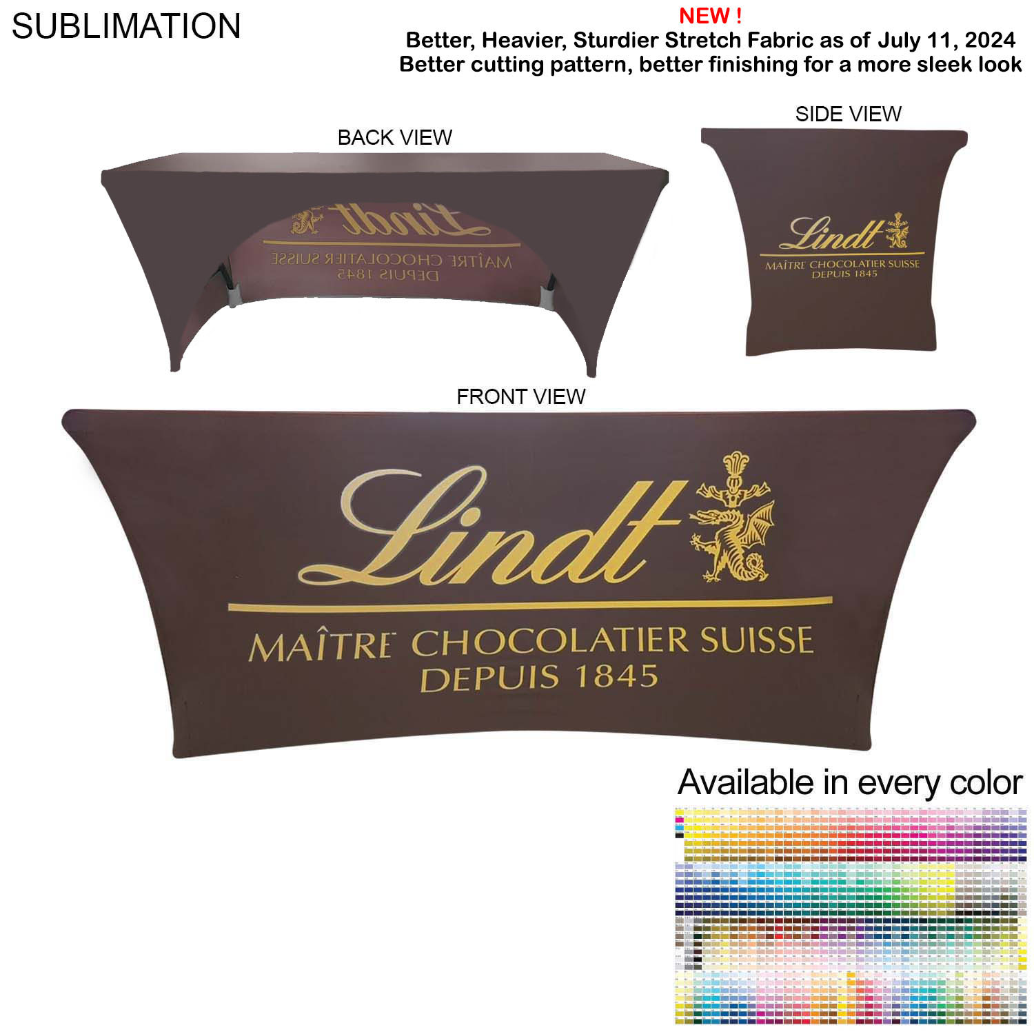 72 Hr Fast Ship - Sublimated Stretch Curved Fit Table Throw for 6ft table, 3 sided, Open Back