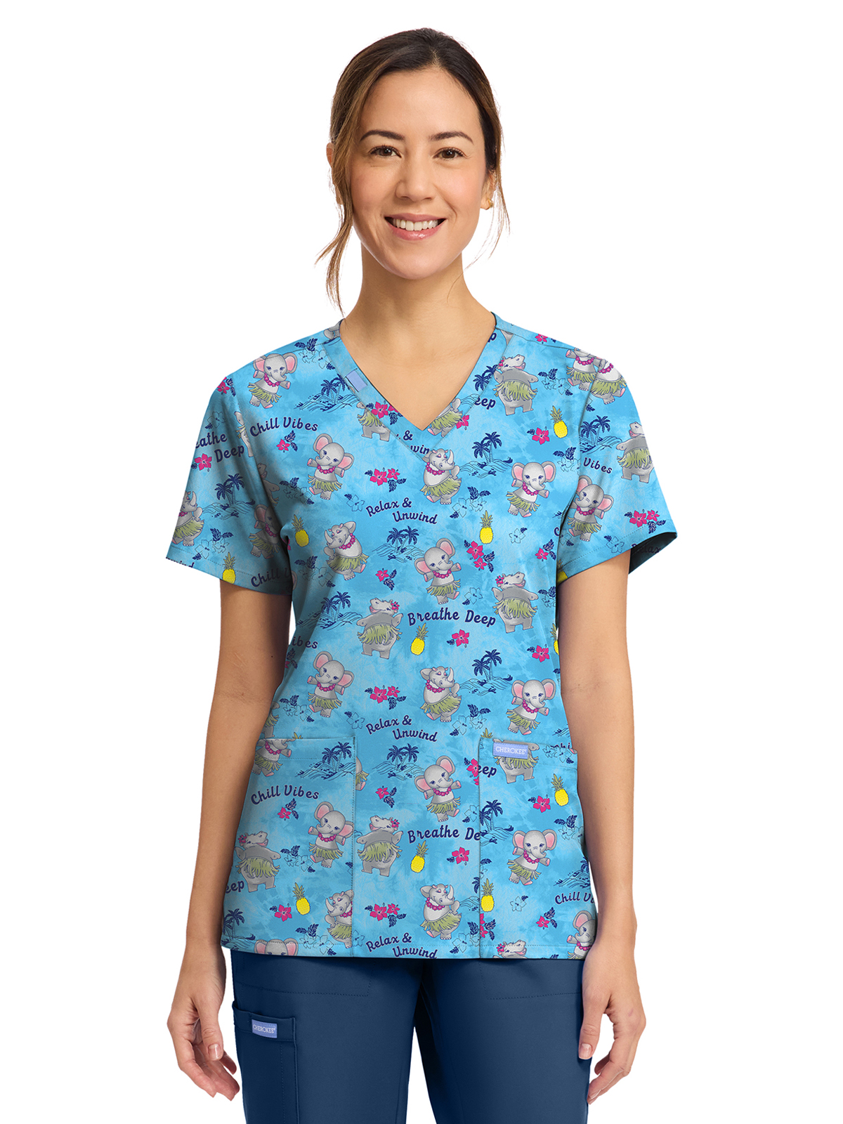 Cherokee - Genuine - Women's 2-Pocket Print V-Neck Scrub Top 13