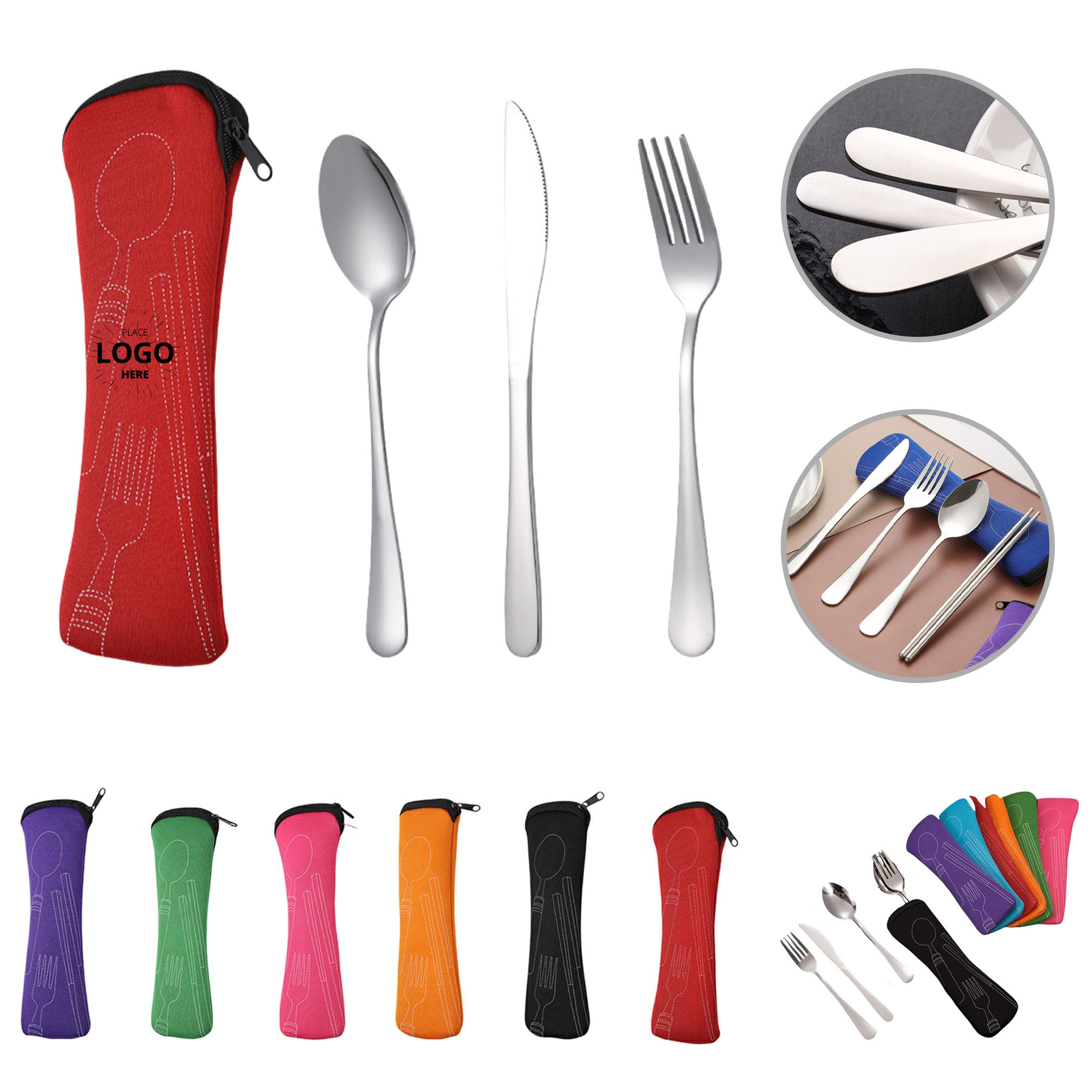 Stainless Steel Travel Utensil Set in Zipper Neoprene Pouch 2