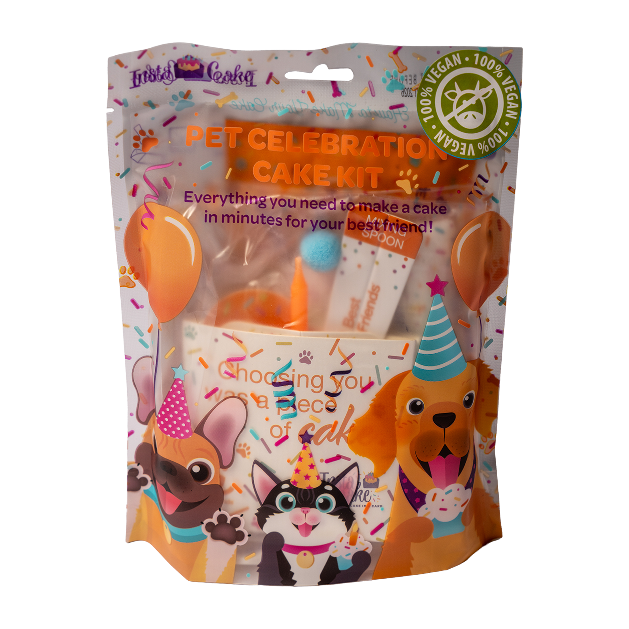 All-in-one celebration kit with a pop-up baking case, cake mix, frosting, sprinkles, candle, spoon, and water measure—just add water and microwave. 12