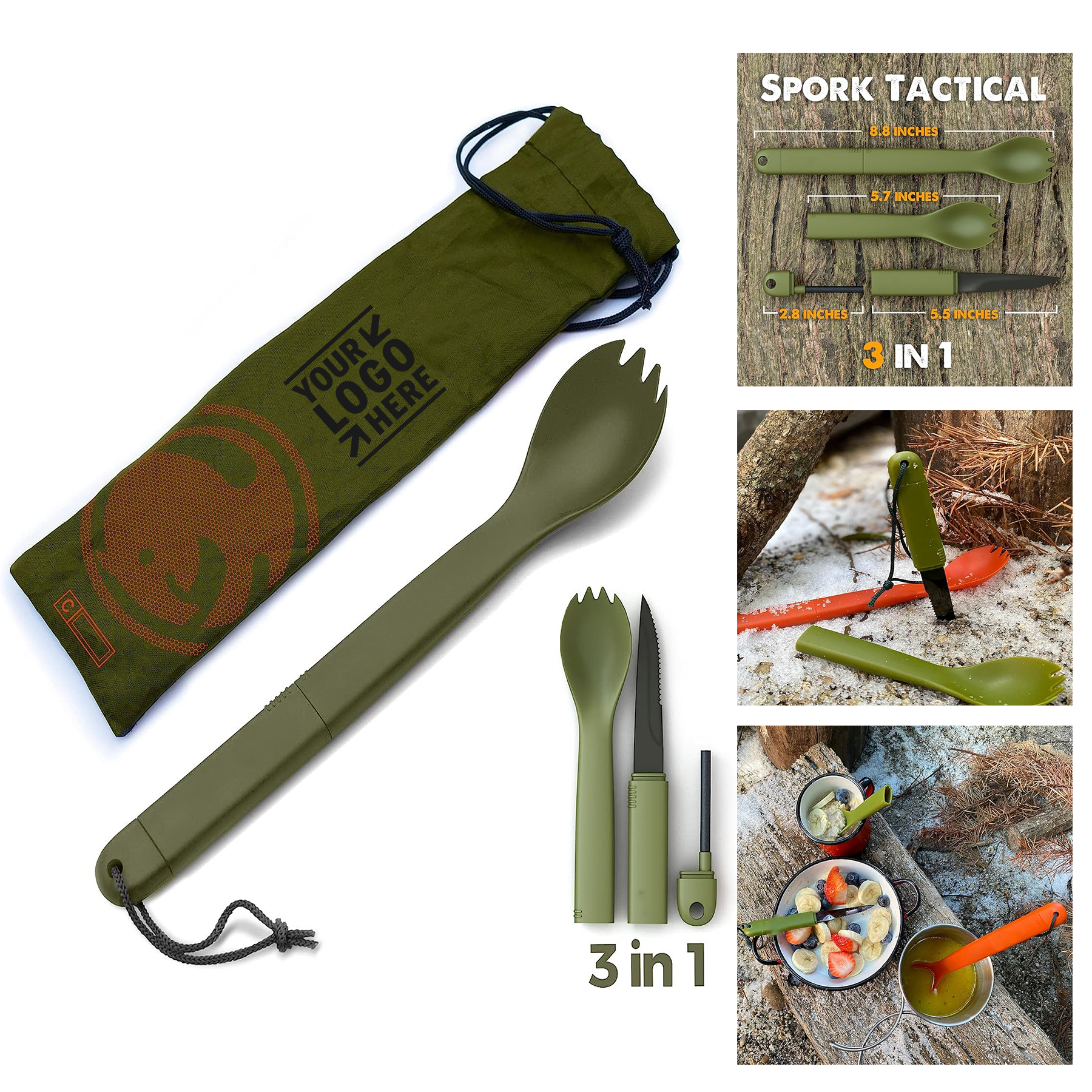 Tactical Outdoor BPA Free Stainless Steel Spoon Fork Knife Fire Starter 3 in 1 Multipurpose Utensil