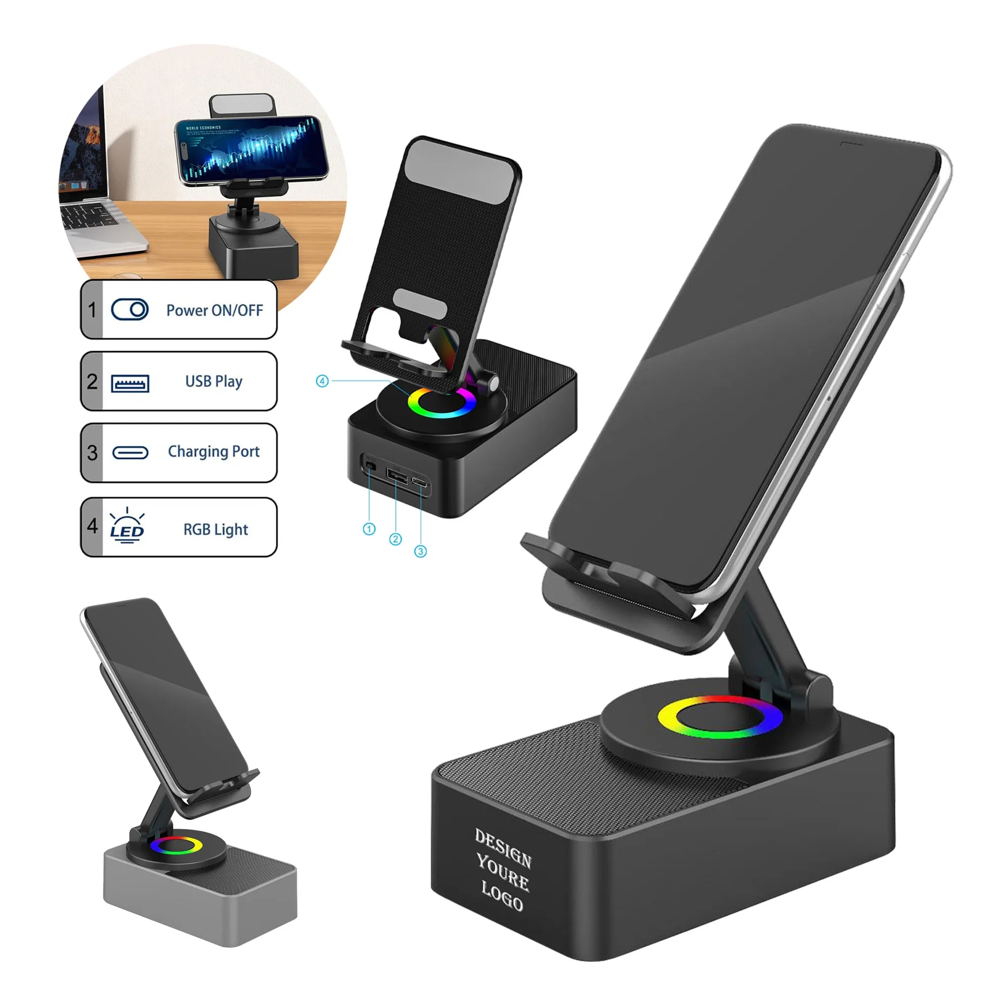 LED Phone Holder with Wireless Bluetooth Speaker 2