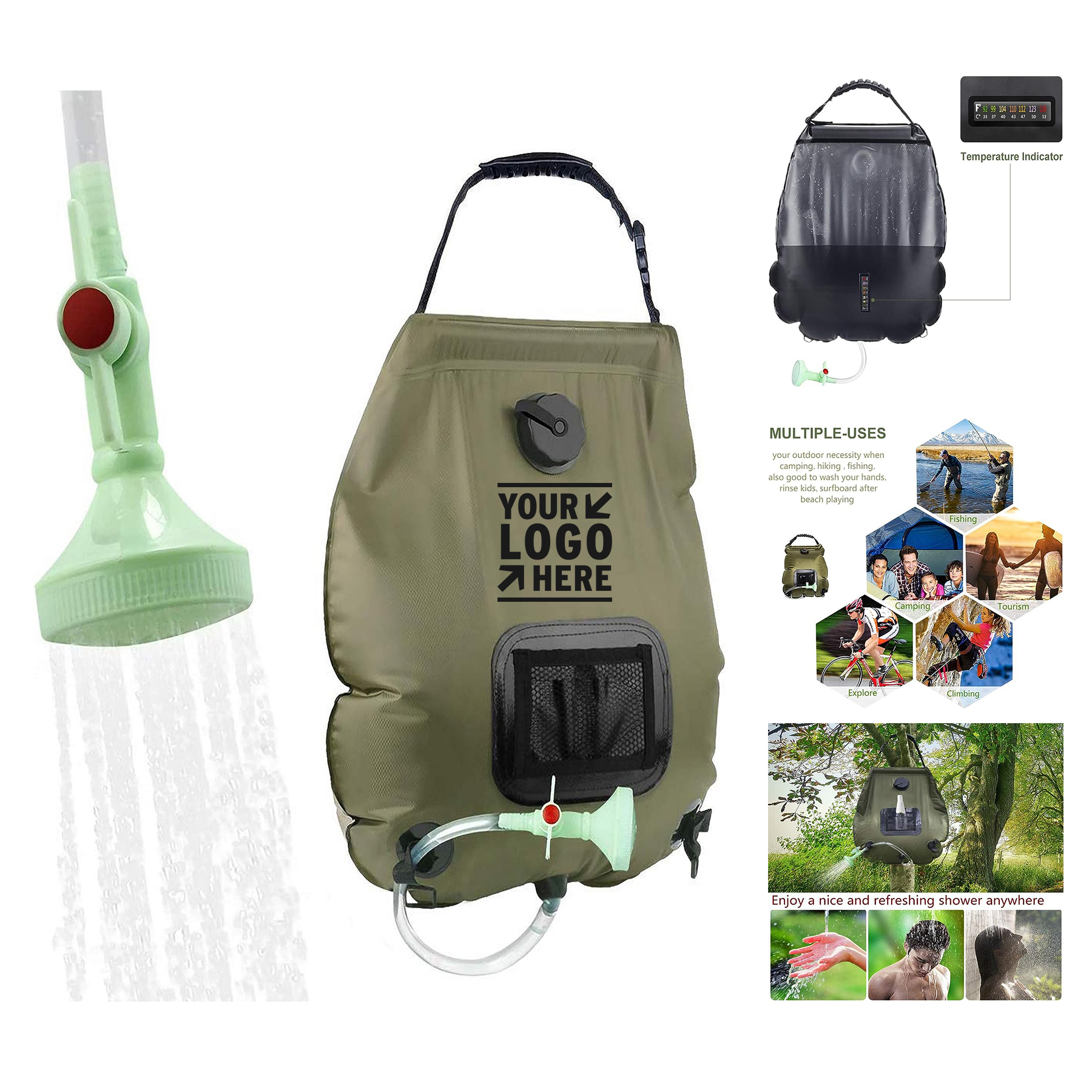 5 Gallons/20L Solar Heating Camping Shower Bag with Removable Hose and On-Off Switchable Head