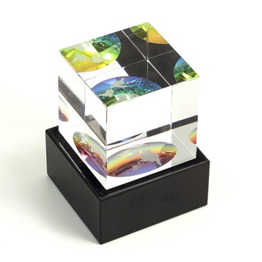 Crystal Etched World Globe Cube on Black Marble Base 2