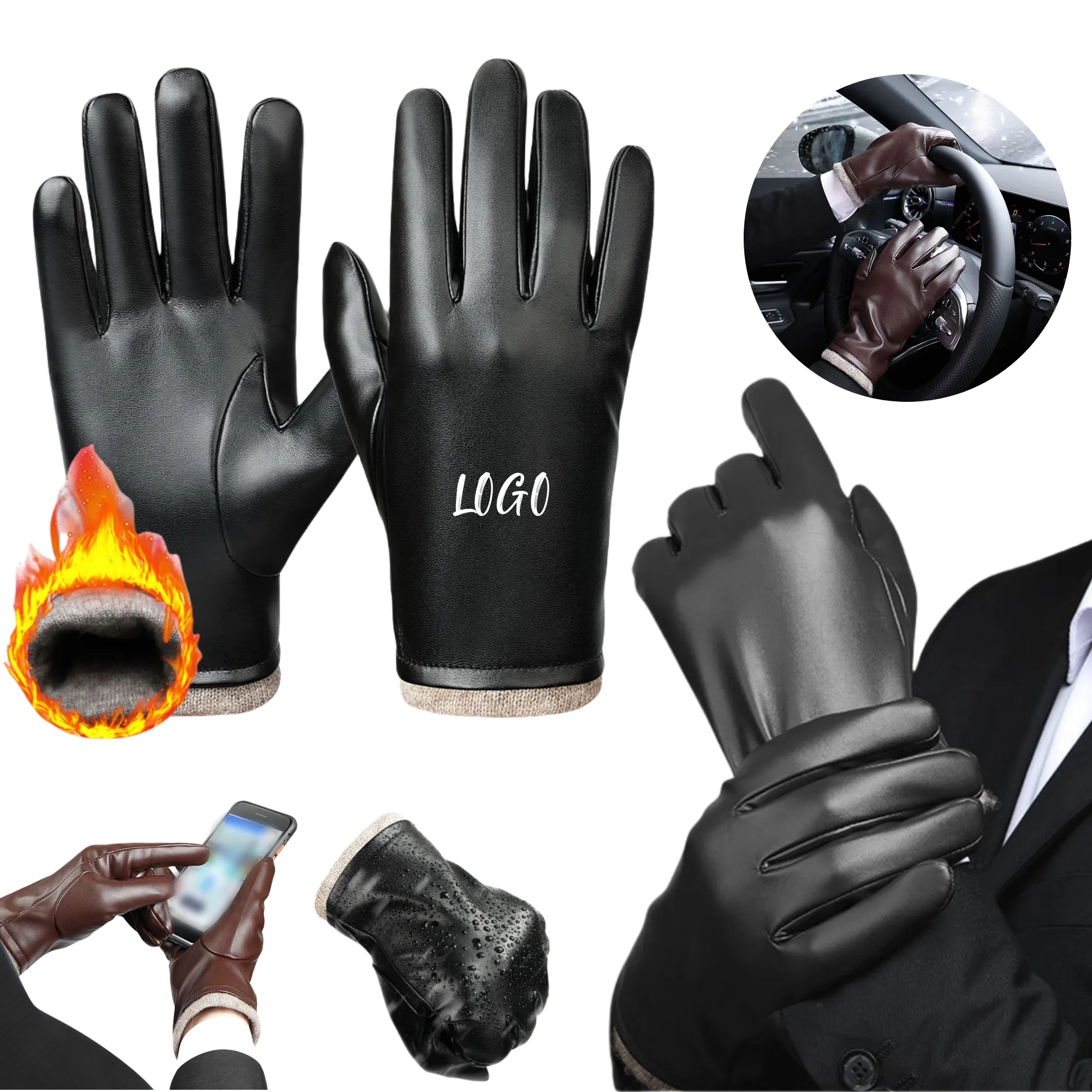 Winter PU Leather Gloves Warm Wool Lining Touchscreen 3