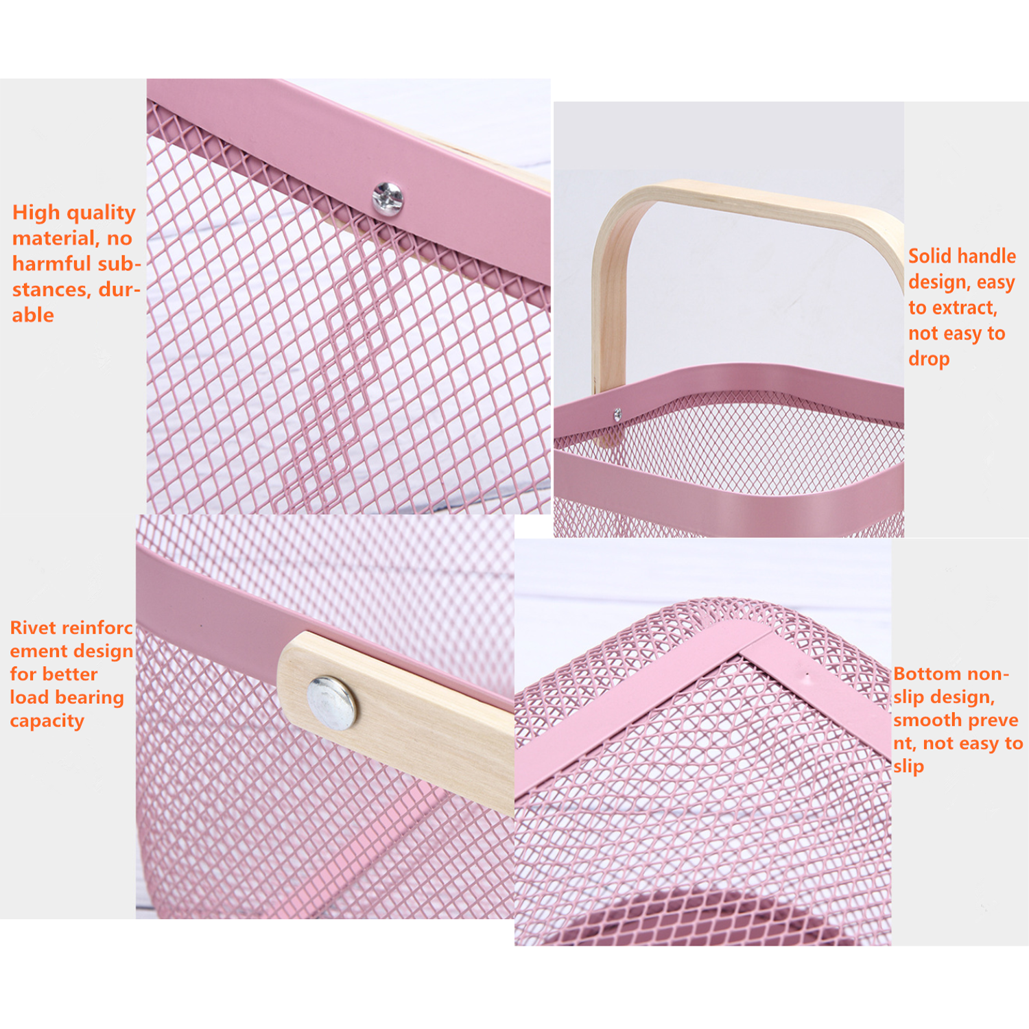 Multi Functional Wooden Handle Mesh Metal Storage Basket 17