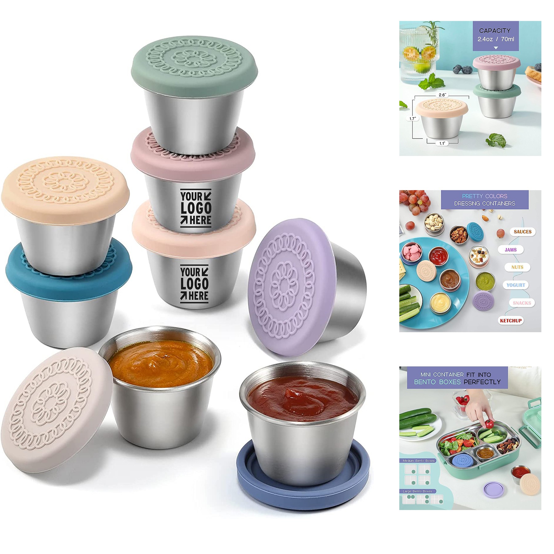 2.4oz Reusable Salad Dressing Small Condiment Stainless Steel Sauce Cup Container with Lid 1