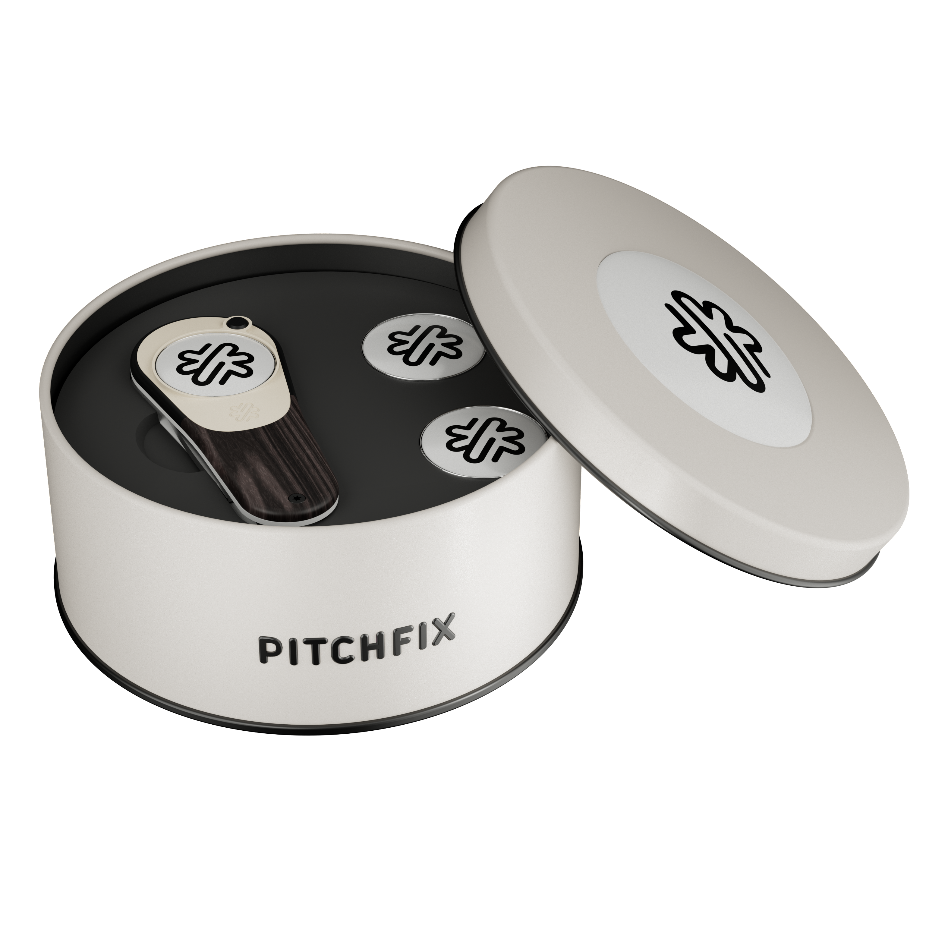 Pitchfix Woodie Golf Divot Tool in Round Tin with Two Extra Ball Markers 3