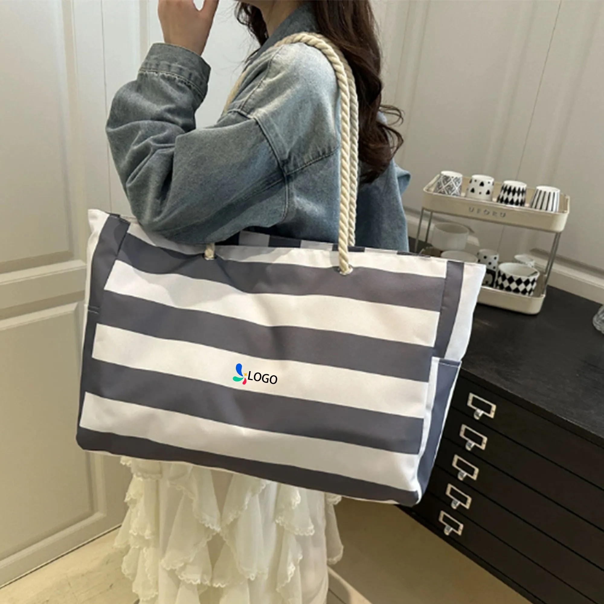 Large Striped Waterproof Beach Tote Bag 4