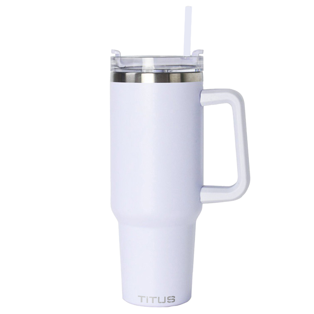 Premium 40 oz TiTUS® Double Wall Stainless Steel Insulated Travel Mug with Straw & Handle