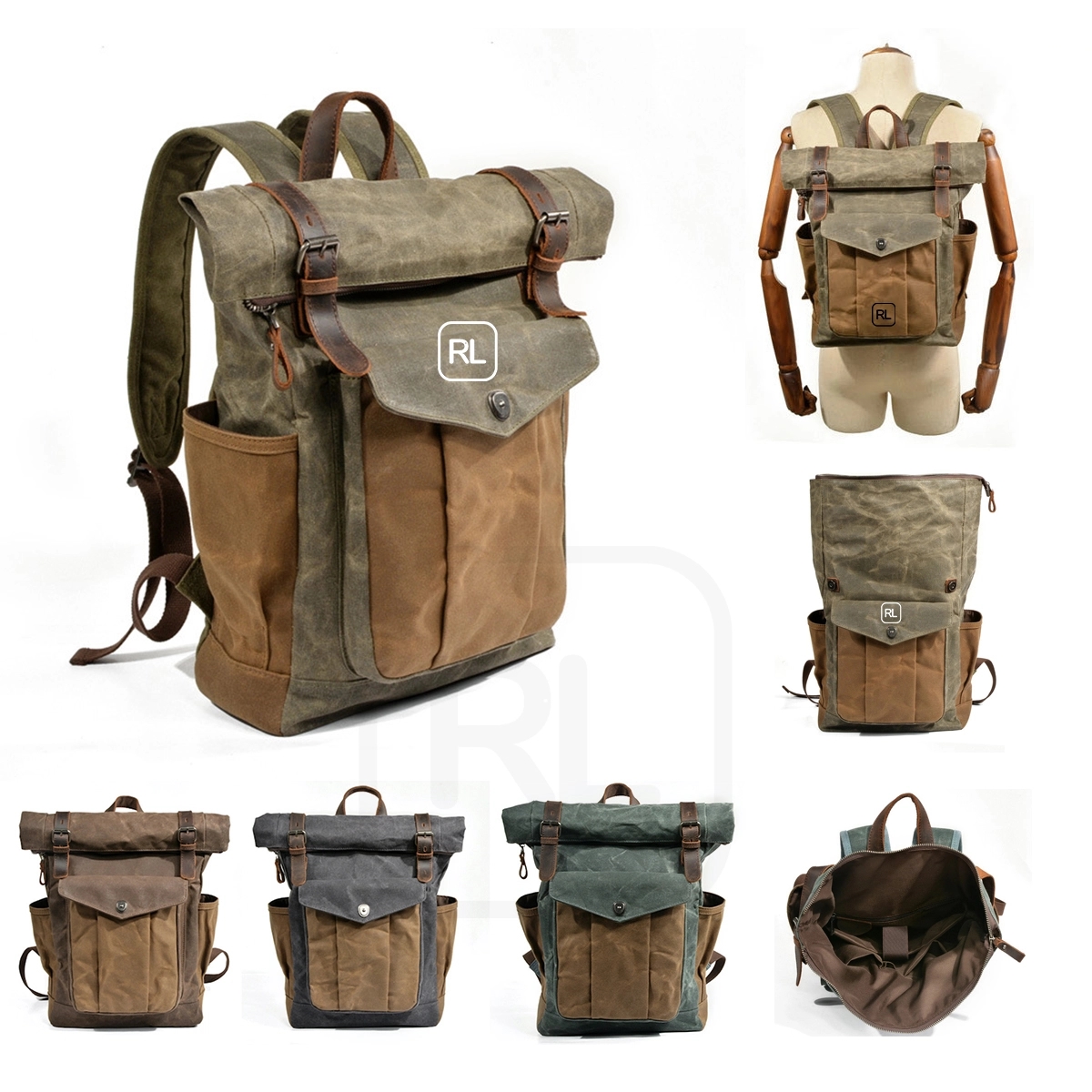 Vintage Waxed Canvas Cowhide Backpack 1