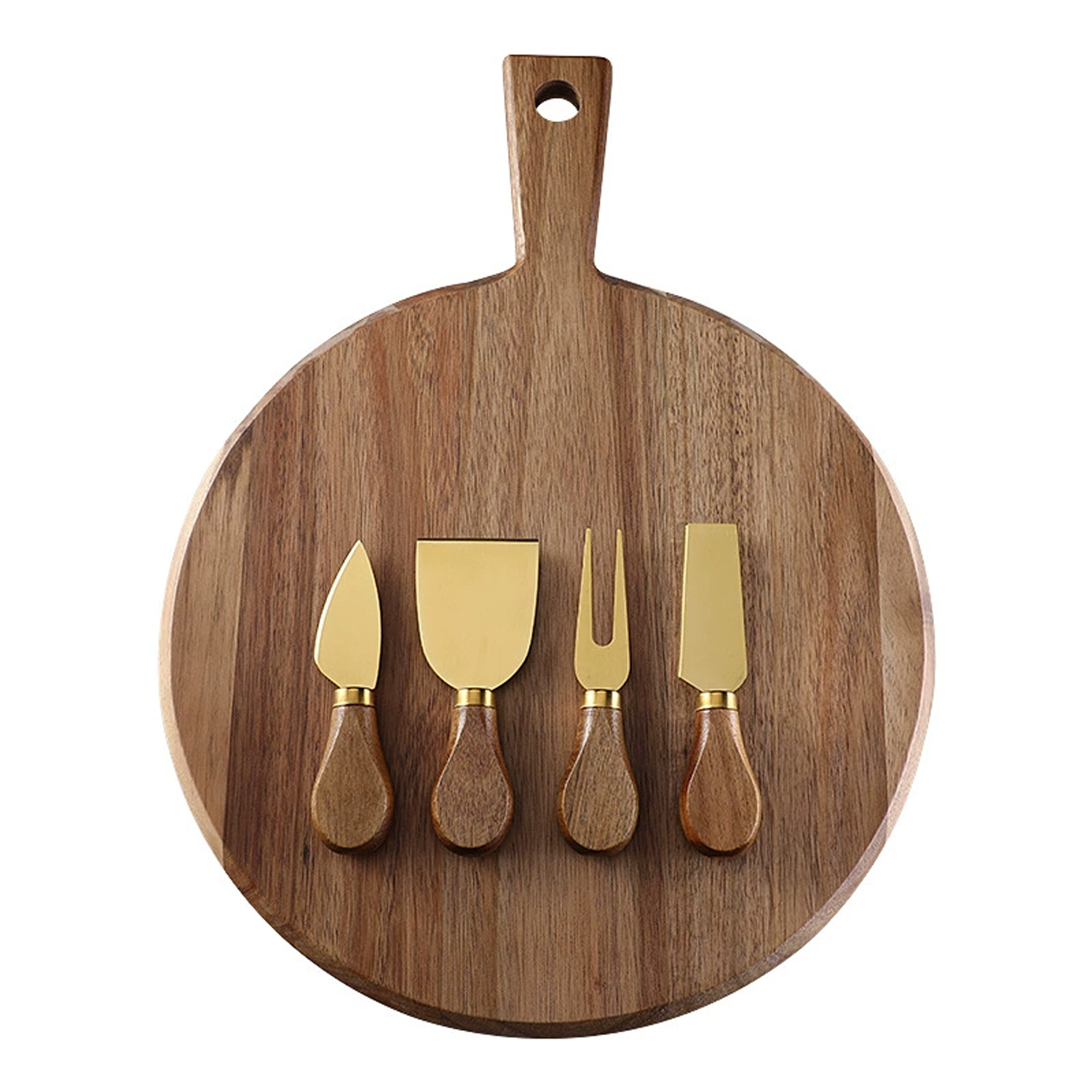 Wood Round Cheese Board Set W/ 4 Stainless Steel Knives 2