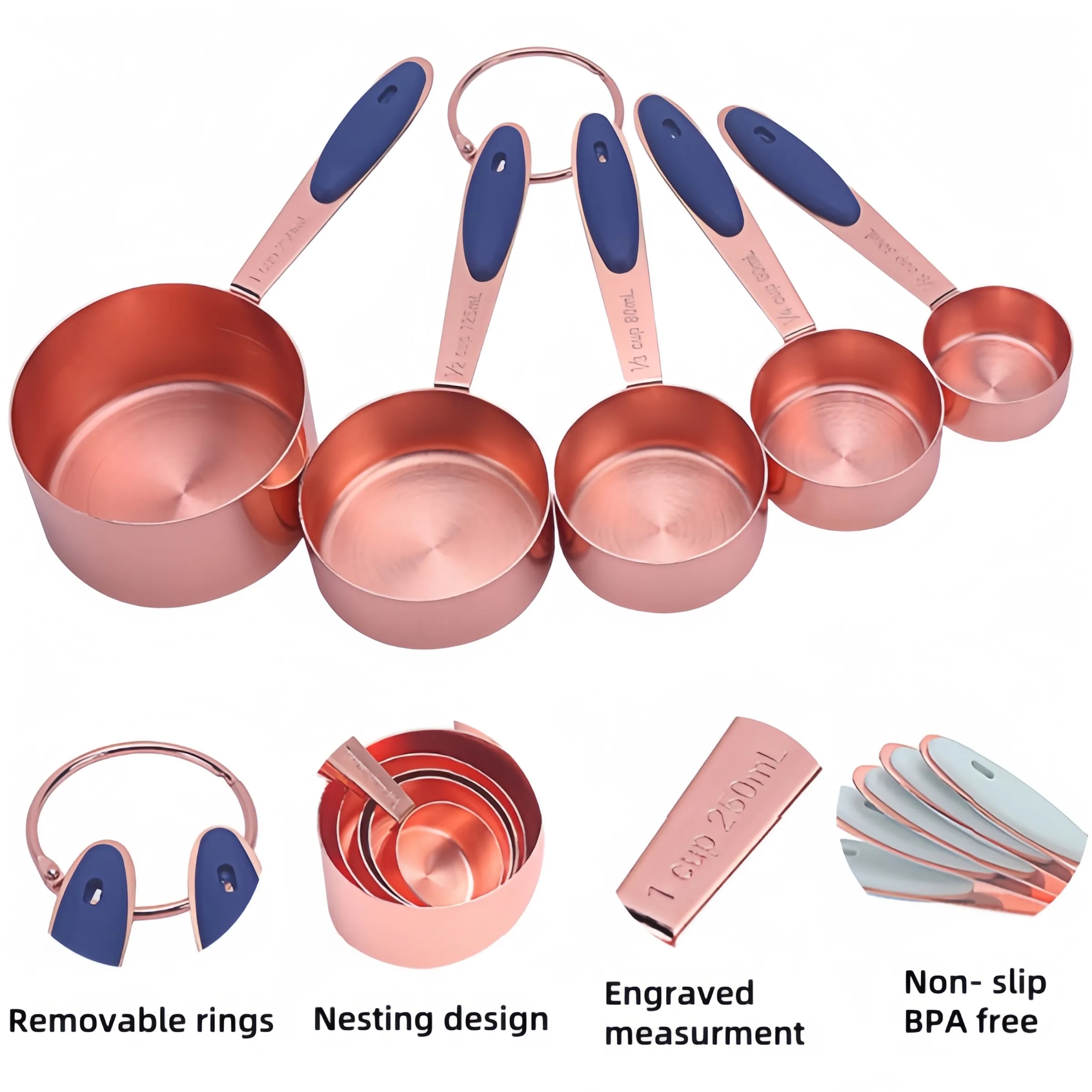 Rose gold stainless steel 5-piece measuring cup set 2