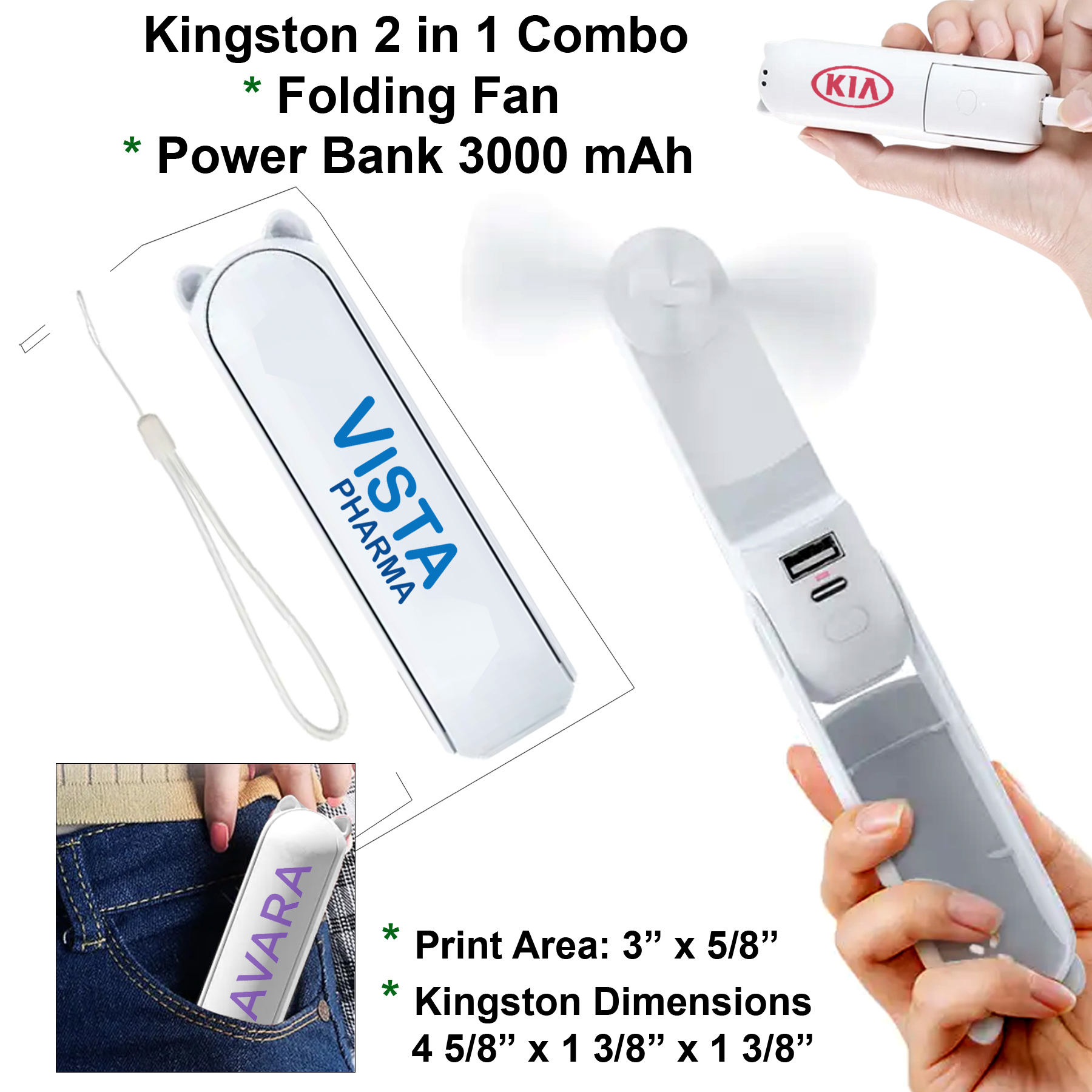 Kingston 2 in 1 Combo Power Bank 3000 mAh and Multi 3 Speed Folding Fan