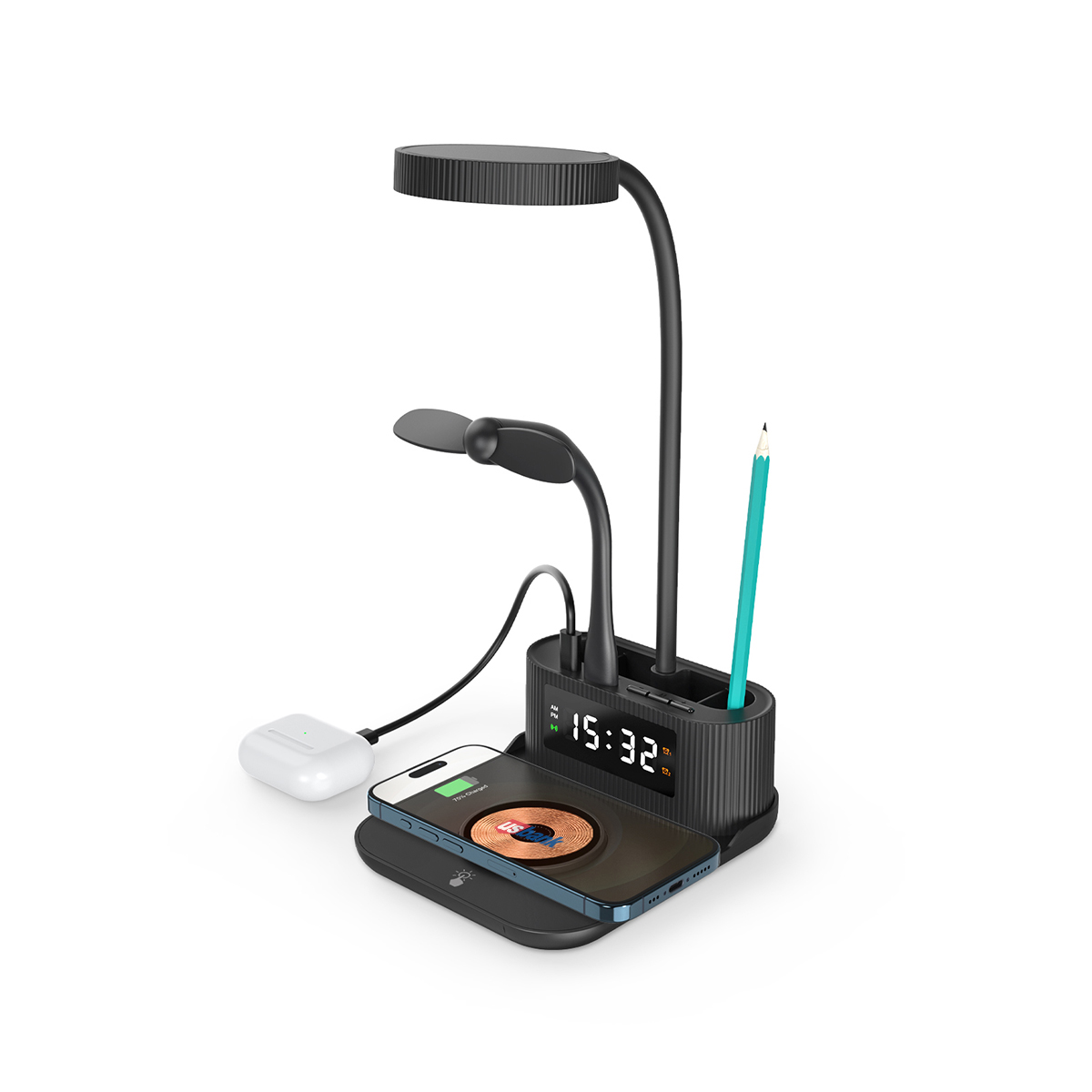 15W Wireless Charger Desk Lamp with Alarm Clock, Pen Holder, and USB/Type-C Output 13