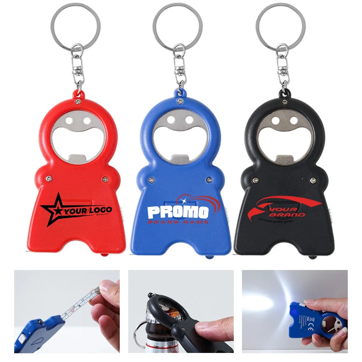4 In 1 Keychain W/ Bottle Opener LED Light Measuring Tape 2