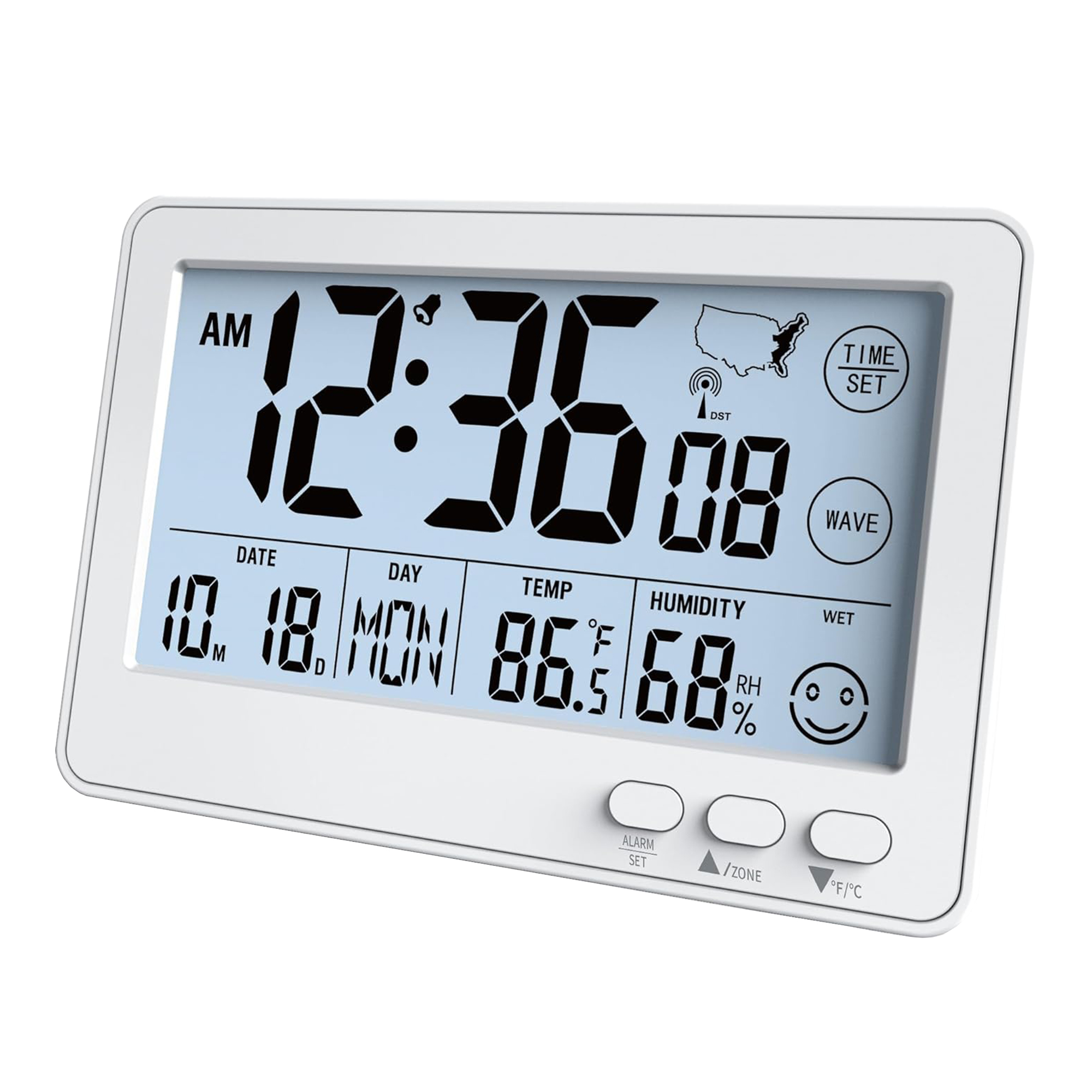 Multifunctional Atomic Wall Desk Clock with Auto Time Sync, Temperature Humidity Display, Backlight. 4