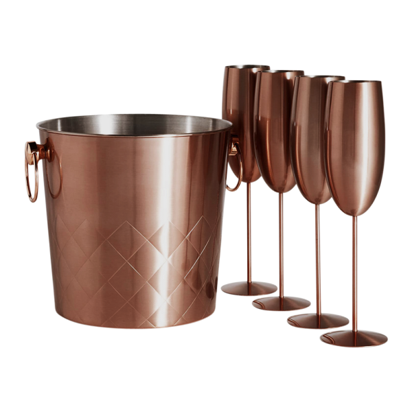 Stainless Steel Ice Bucket and Champagne Flute Set 6