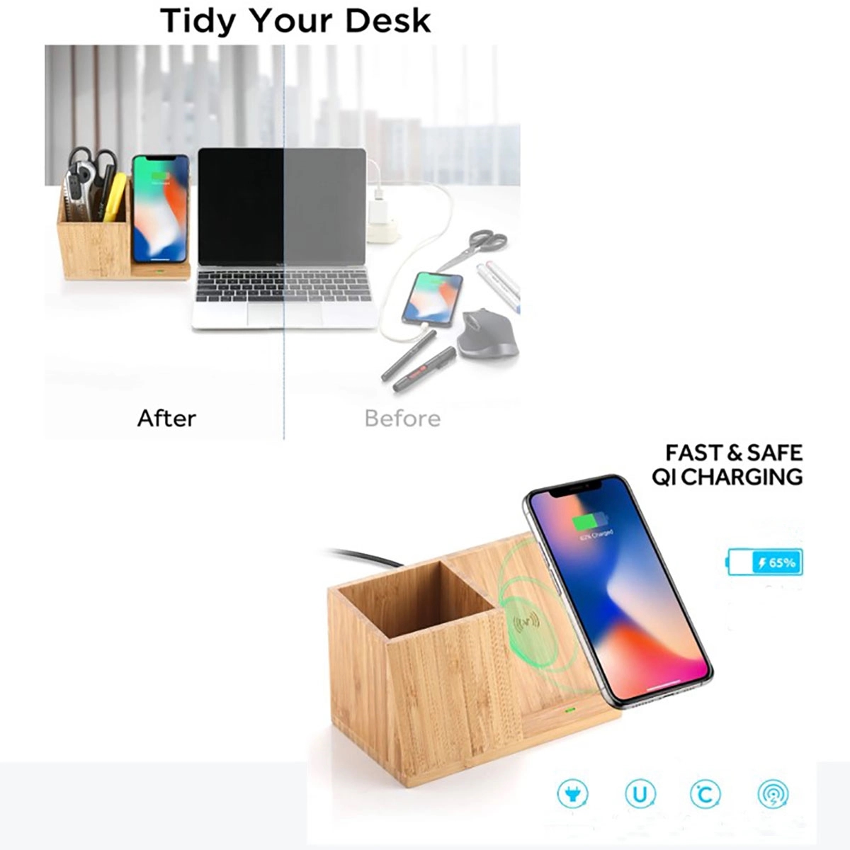 Bamboo Wireless Charger With Organizer 4