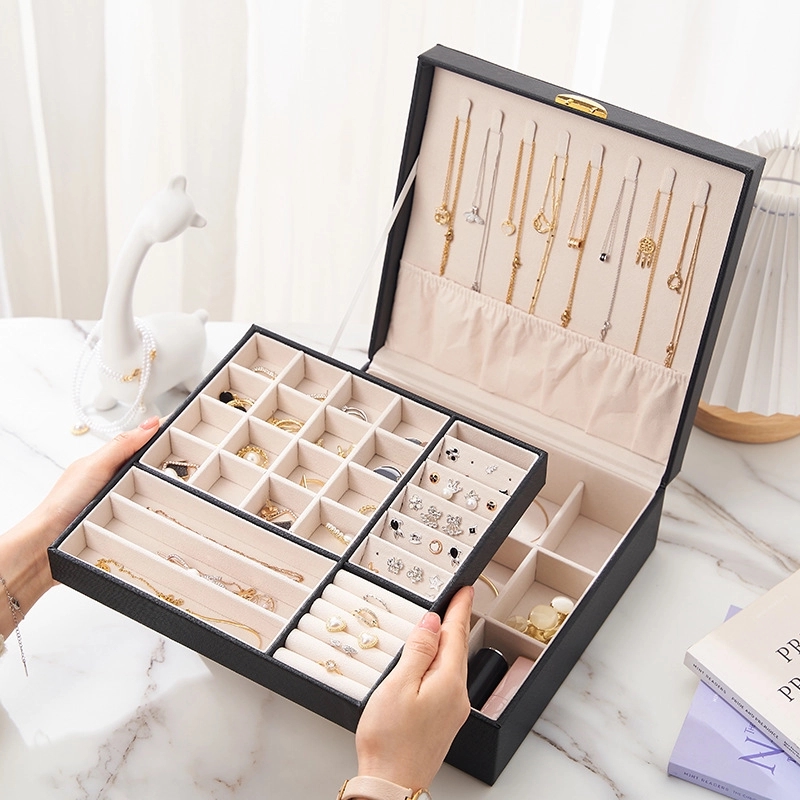Custom PU Leather 2-Layer Jewelry Organizer Box with Lock 1