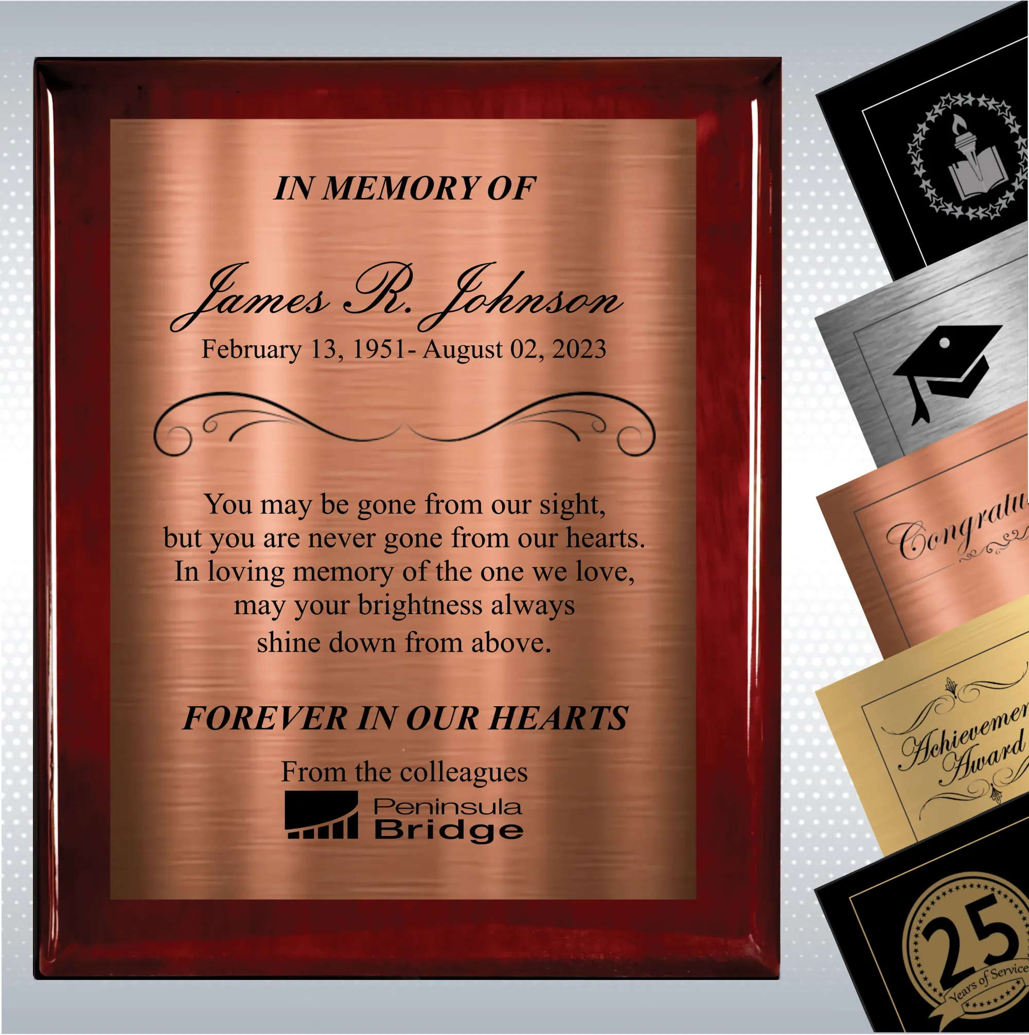 Rosewood Piano Finish Wood Personalized Memorial Plaque Gift 4