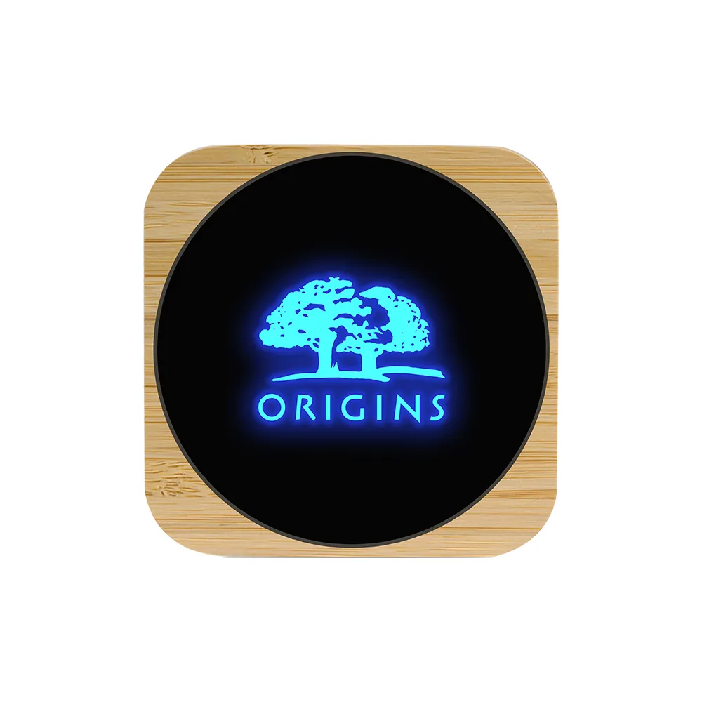 15W Light Up Logo Bamboo Wireless Charger -Square 1