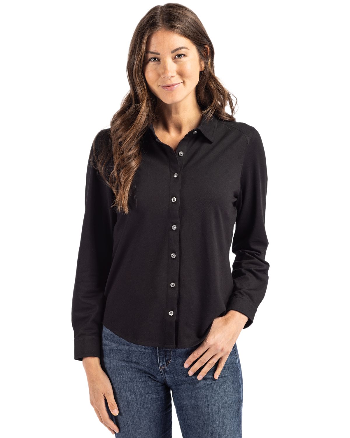 Advantage Tri-Blend Eco Soft Pique Long Sleeve Knitted Womens Button Up