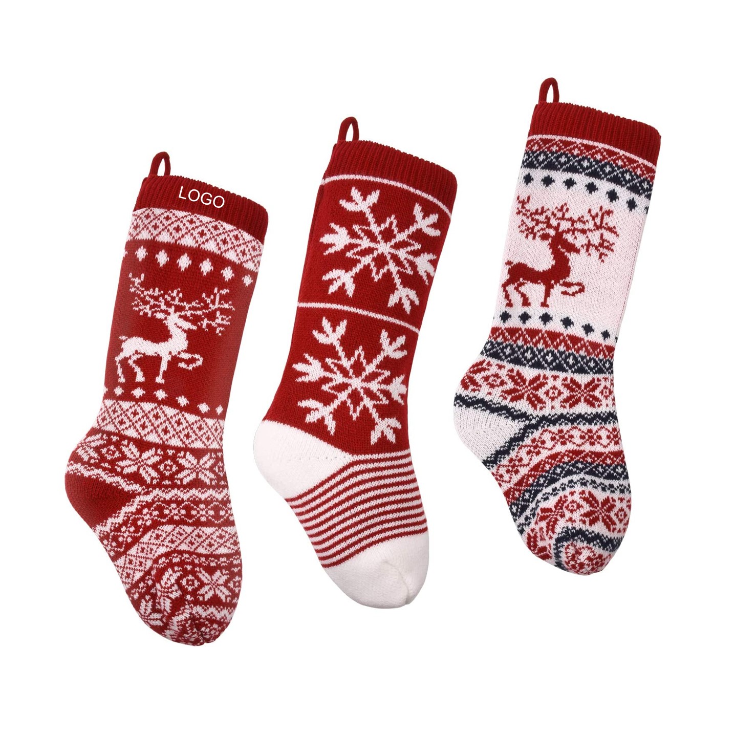 Knit Christmas Stocking, 18" Snowflake and elk Stockings 1