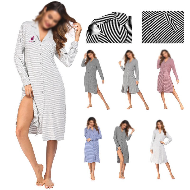 Women'sLoungewearPajamas Long-Sleeve striped PrintNightgown Dress 1