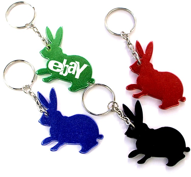 Rabbit shape bottle opener with key chain.