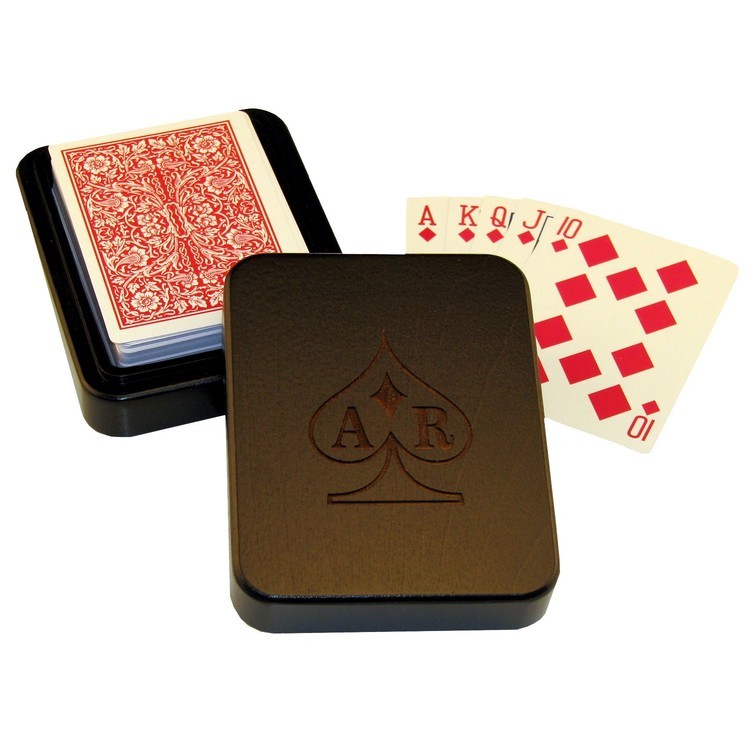 Wood Single Deck Playing Card Box with Cards, 3 1/2 x 4 1/2 x 1 3/8" 15