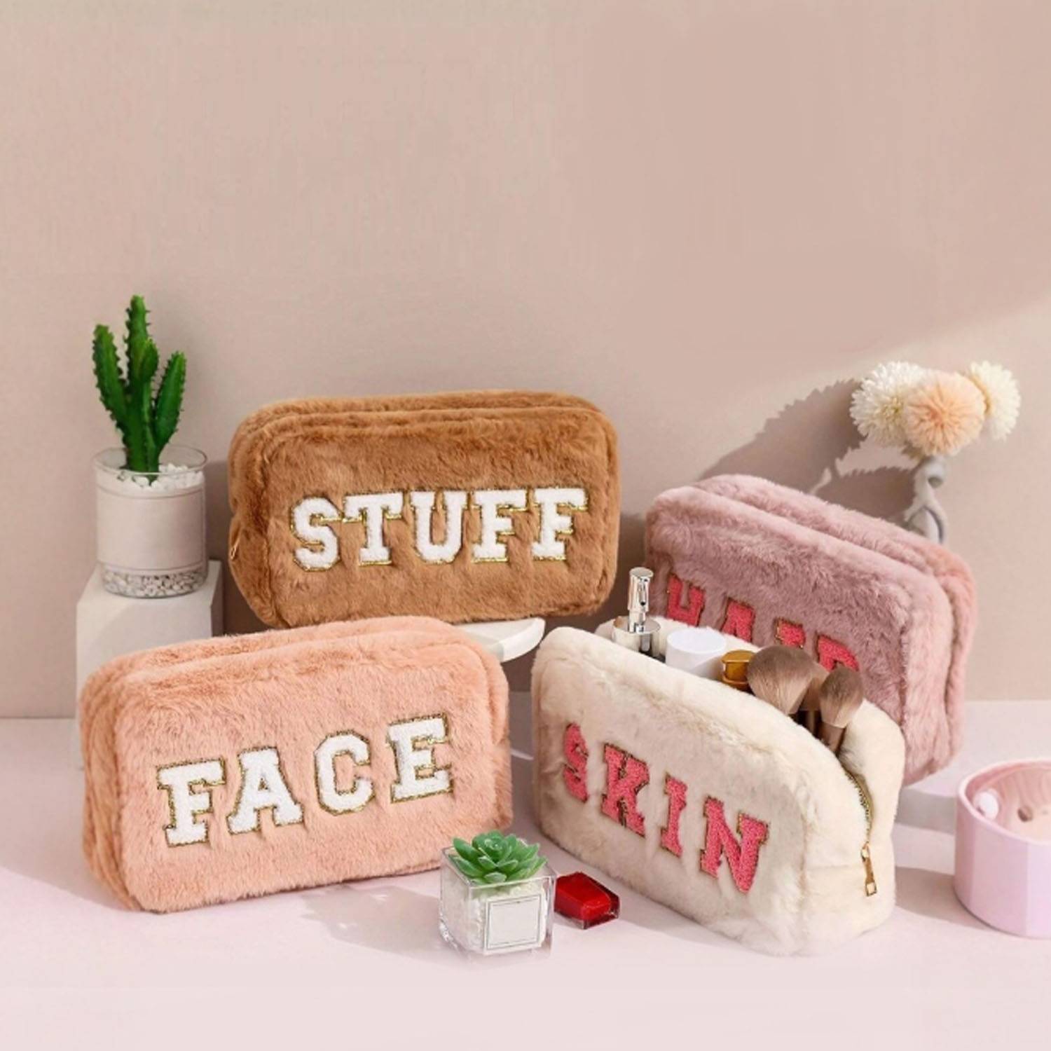 Soft Faux Rabbit Fur Embroidered Makeup Storage Bag 9