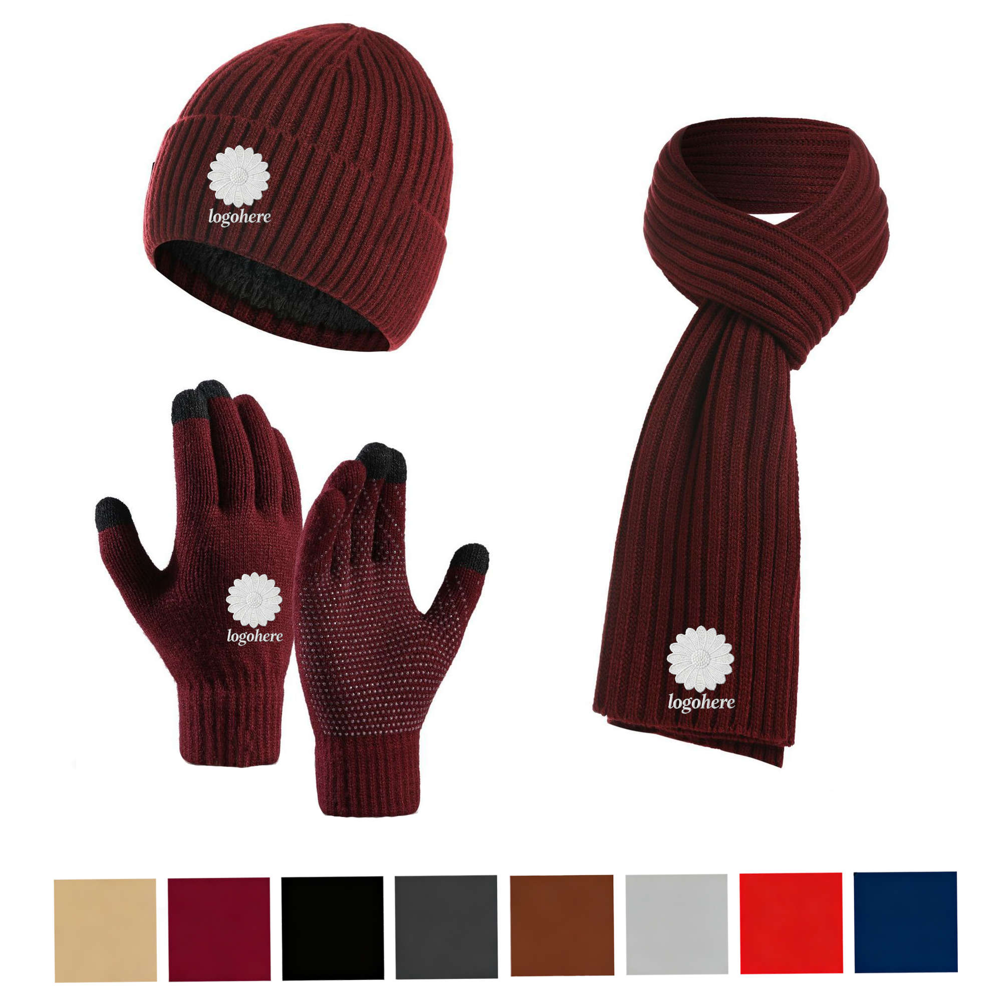Embroidered Cold Weather Combo, Beanie Scarf Touch Gloves 10