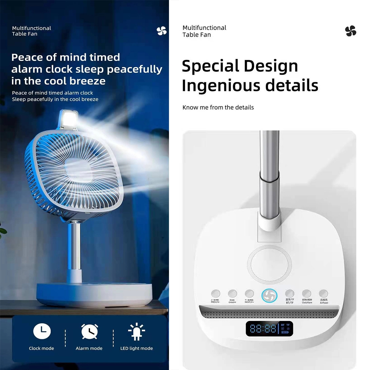 Wireless charging Clock Usb Speaker Led with Table Fan Stand 7