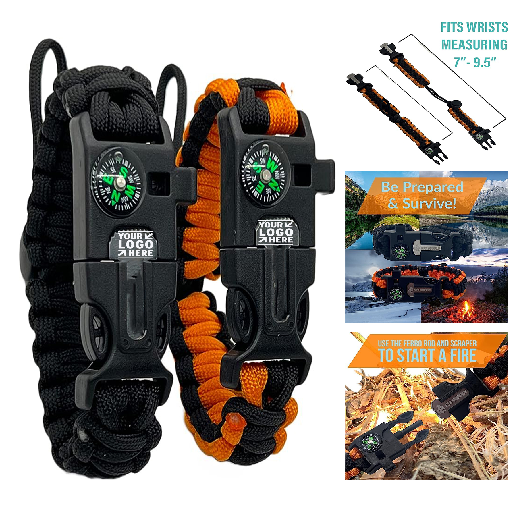 Supply Adjustable Paracord Bracelet Compass Hiking Survival Whistle Loud Emergency Fire Starter Kit 2
