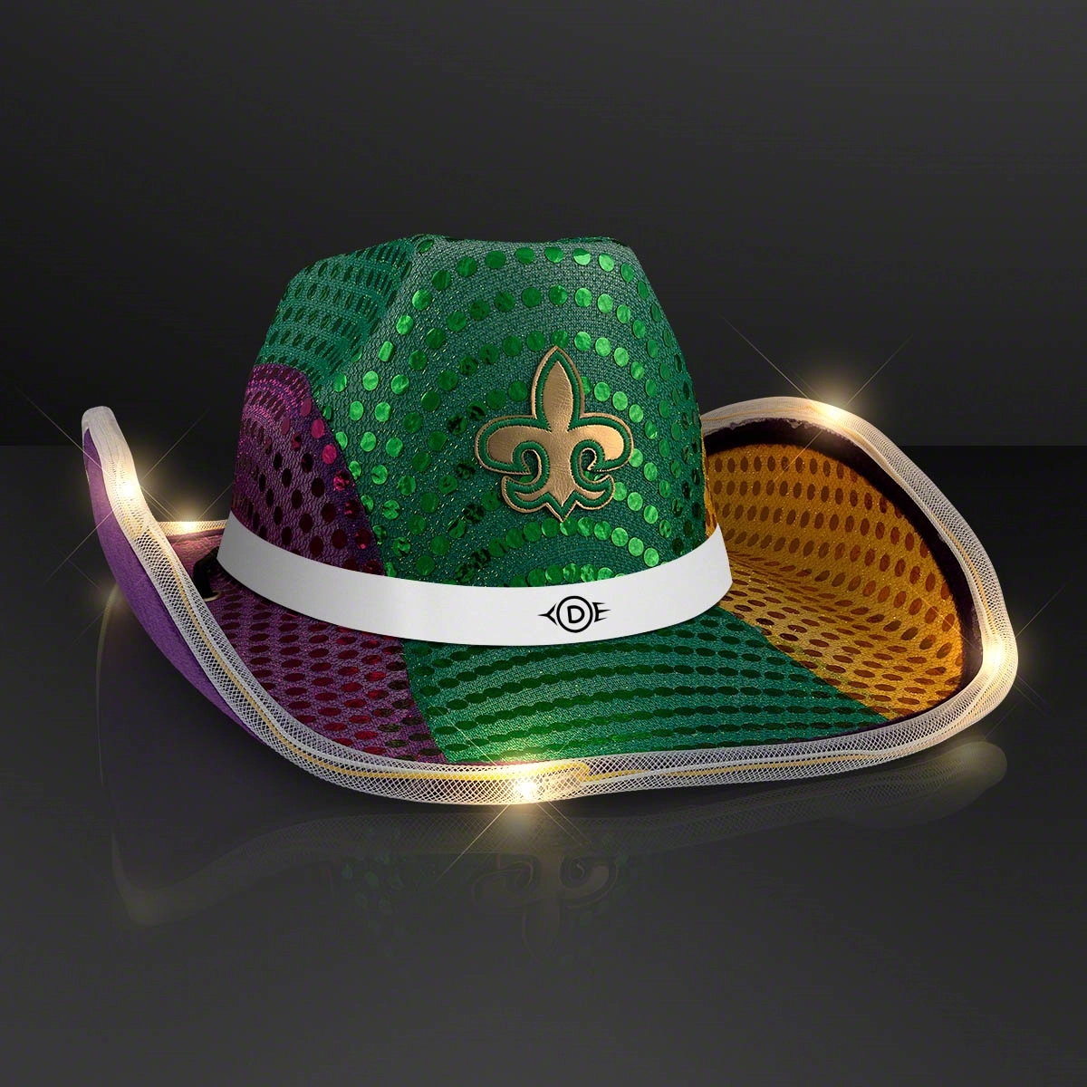 Mardi Gras LED Sequin Cowboy Hat with White Band 3