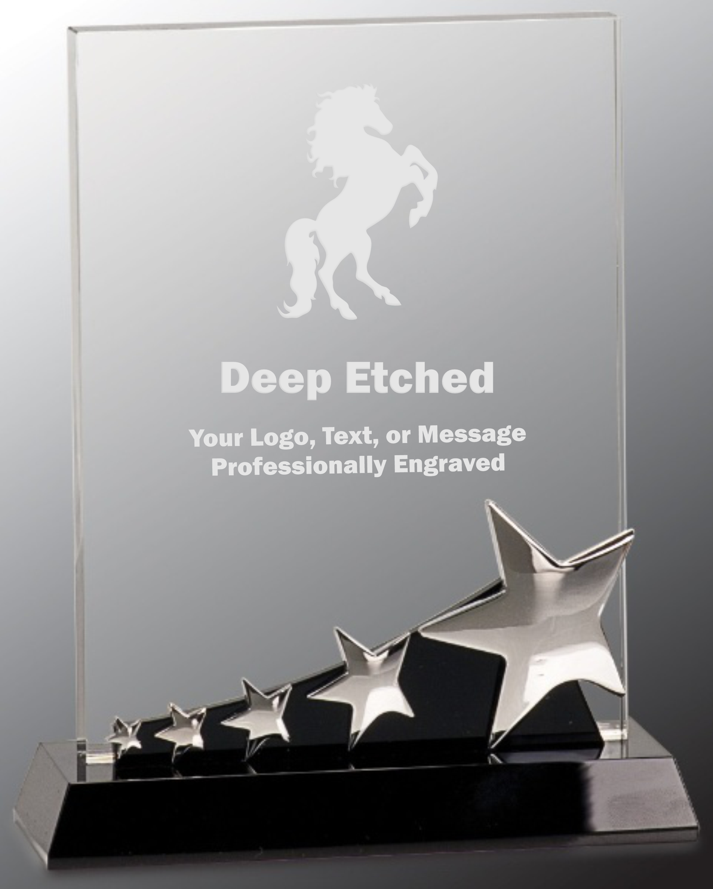 8" Rectangle Crystal Award with Silver Stars on Black Pedestal Base