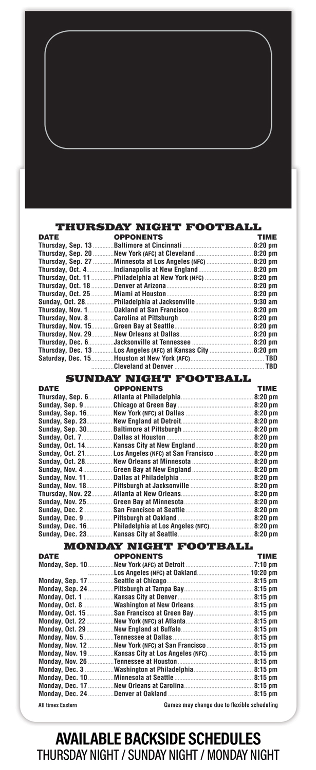 Pro Football Schedule Magnet - Peel and Stick Business Card (3.5x9)