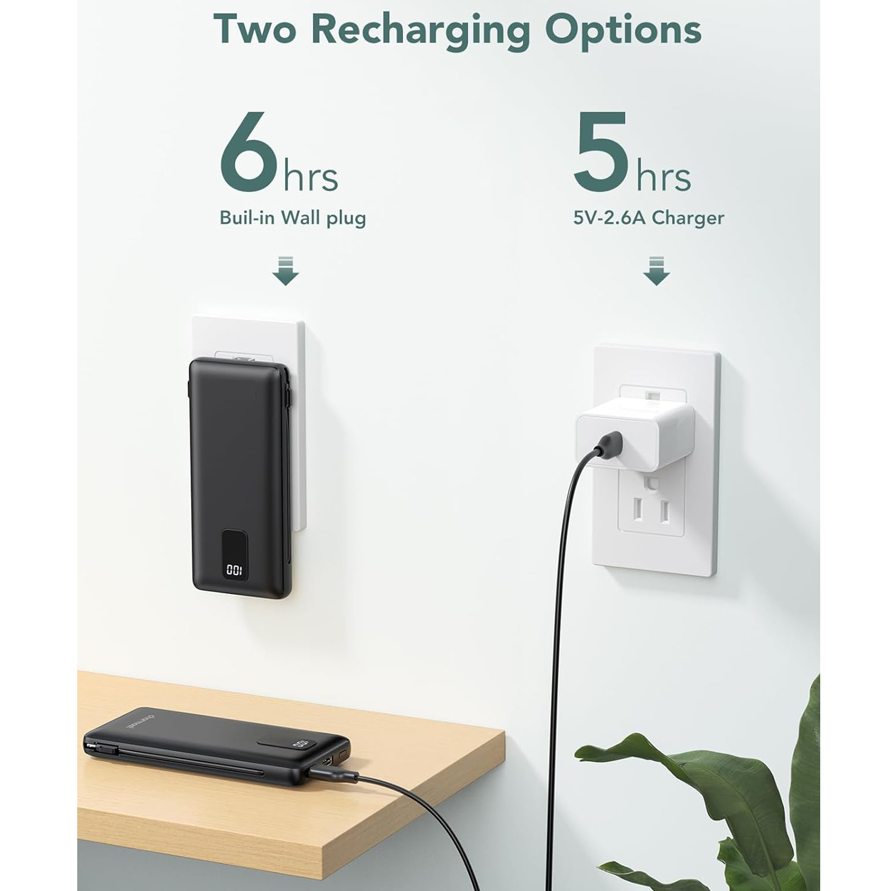 10000mAh Portable Charger with AC Wall Plug and Built-in Cables 1