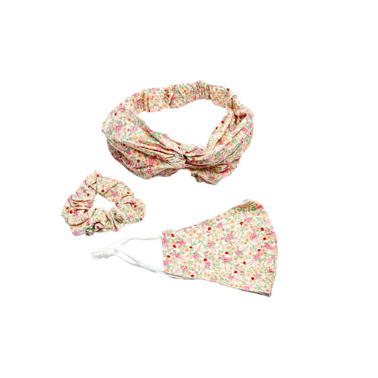3-Piece Fashion Facemask - Headband Scrunchie Pink Floral 1