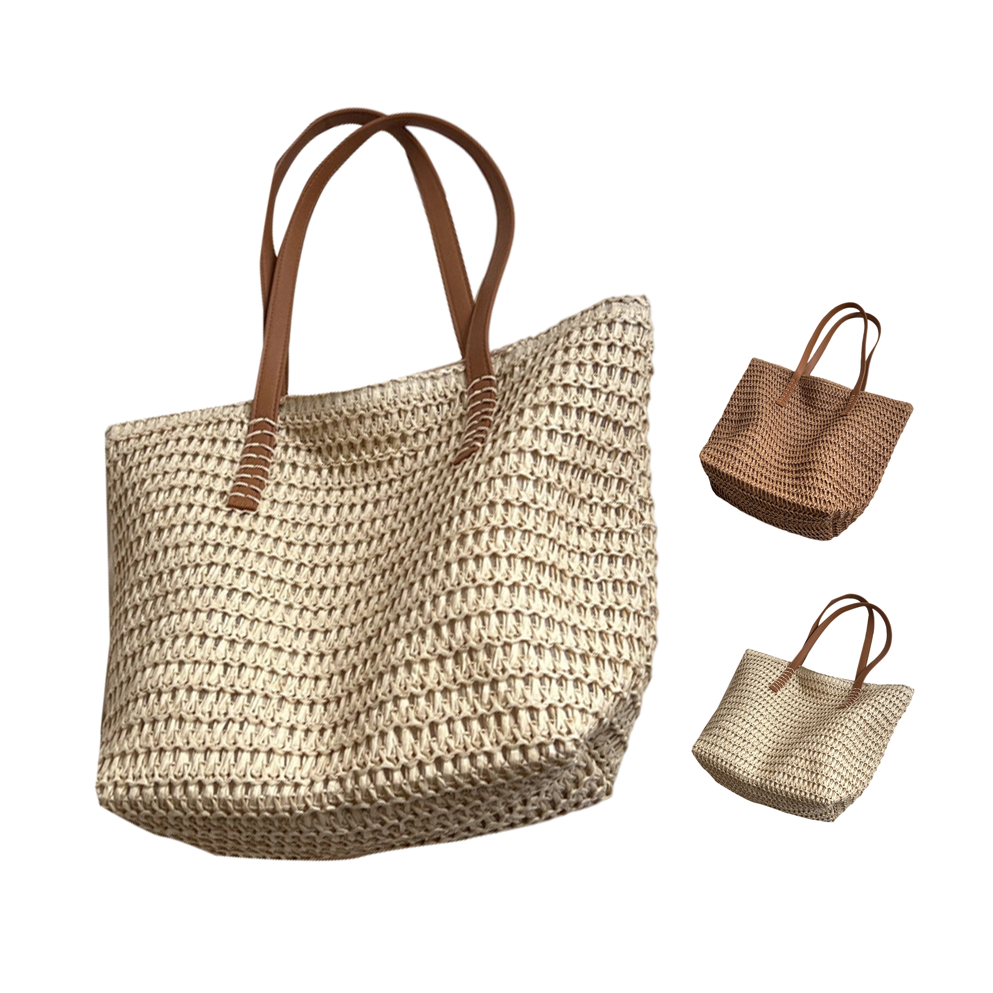 Straw Woven Tote Shoulder Bag With PU Leather Handle 5