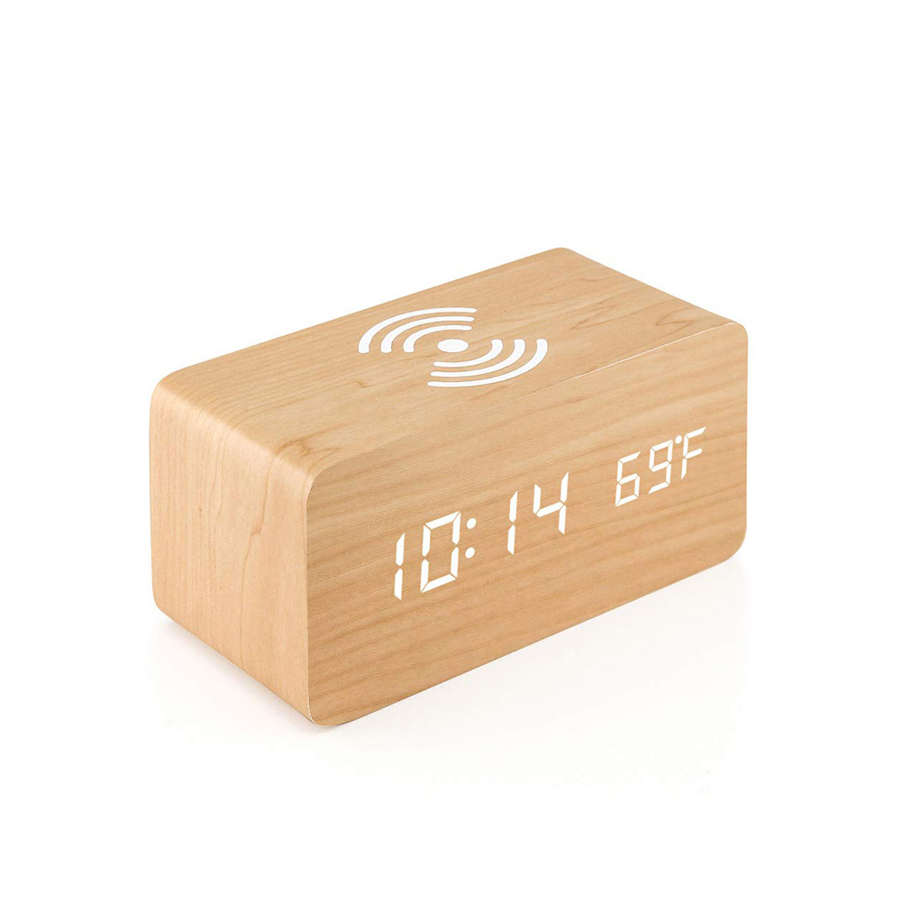 Wooden LED Alarm Clock with Wireless Charger 5
